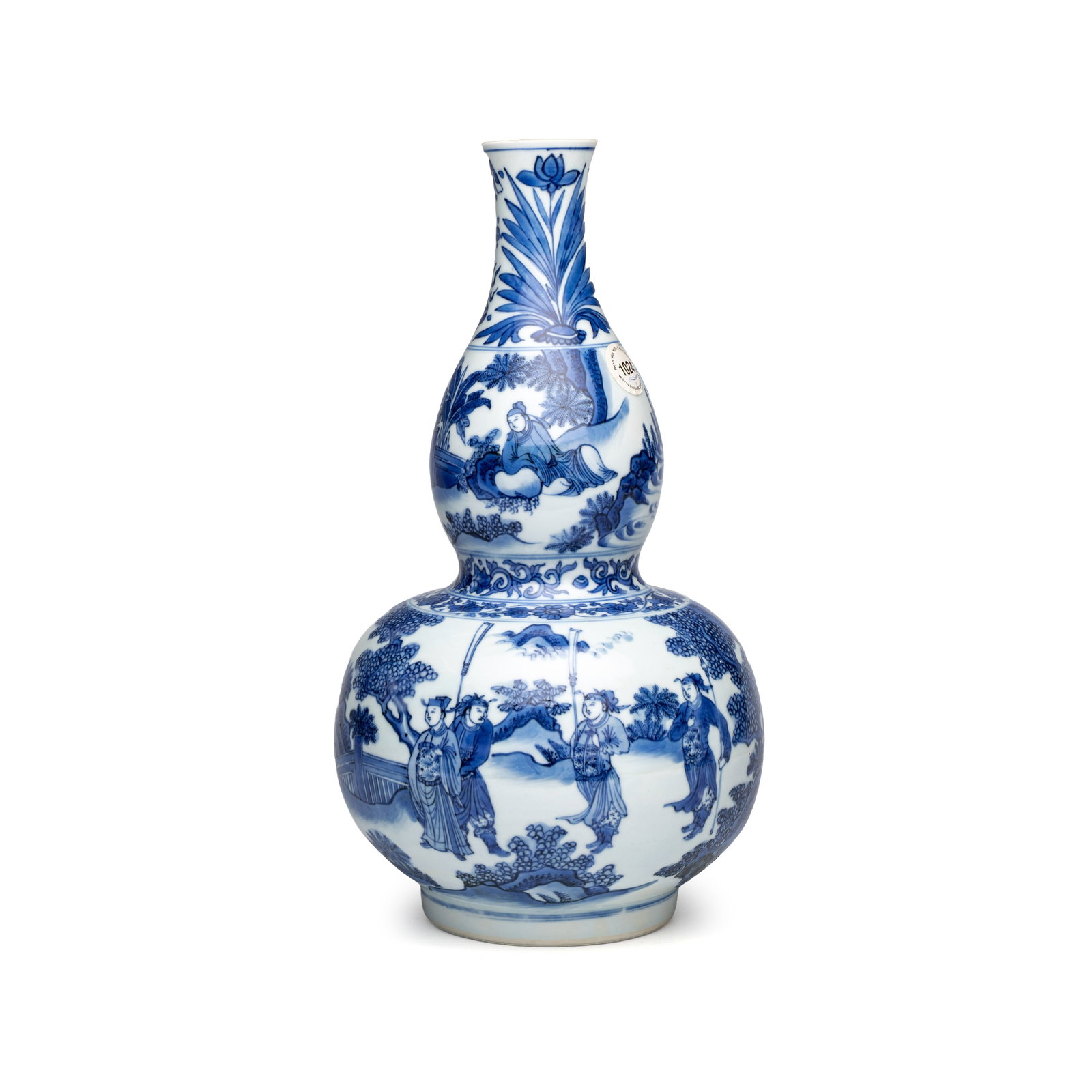 A Chinese blue and white 'Wen Wang Fang Xian' double gourd vase, Transitional period: A Chinese blue and white 'Wen Wang Fang Xian' double gourd vase, Transitional period H.: 34,8 cm Provenance: - A Dutch private collection. - Rob Michiels Auctions, Bruges, 11 February 2017, lot 1024. 