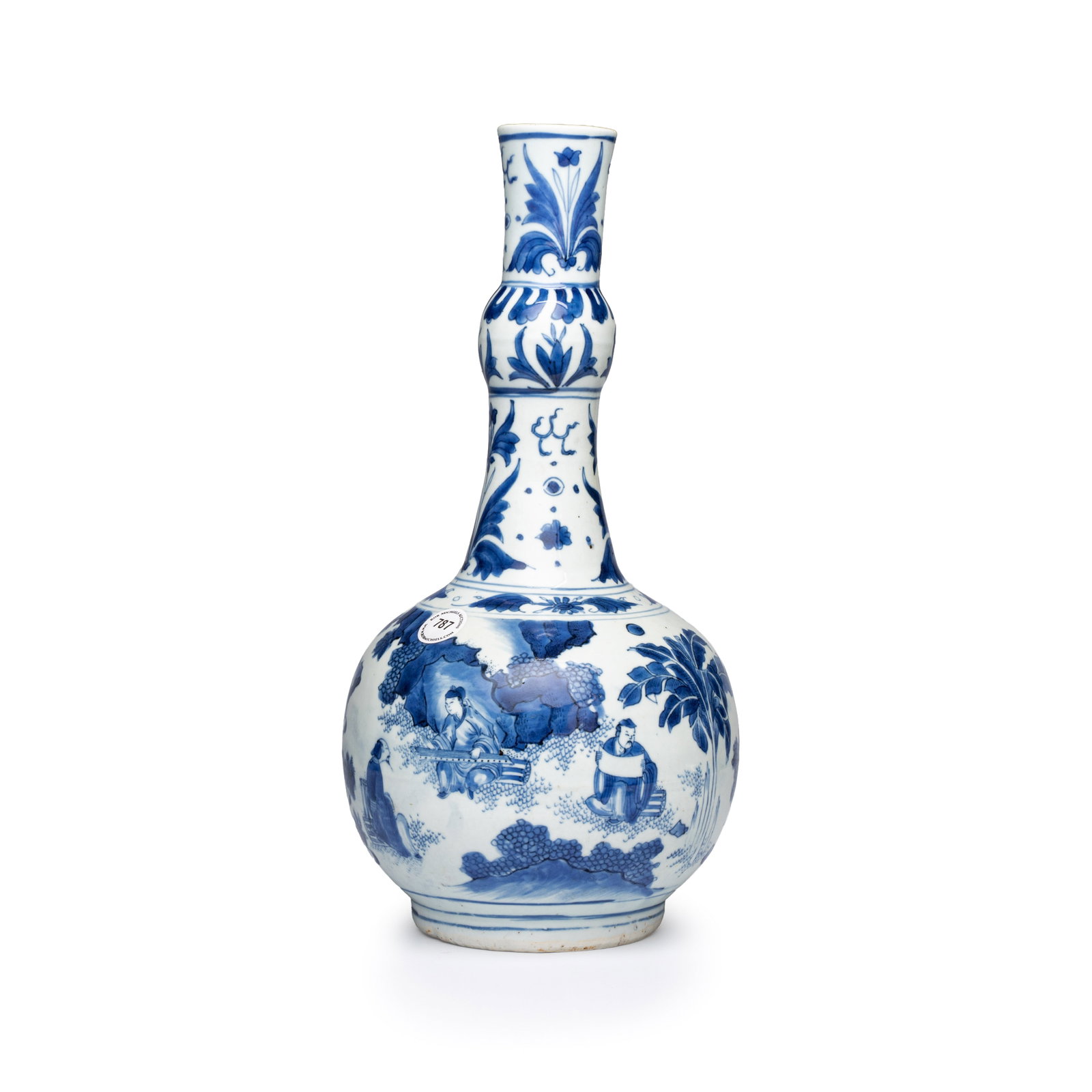 A Chinese blue and white 'Zhu Lin Qi Xian' bottle vase, Transitional period: A Chinese blue and white 'Zhu Lin Qi Xian' bottle vase, Transitional period H.: 38,3 cm Provenance: - Rob Michiels Auctions, Bruges, 15 February 2020, lot 787. (sold EUR 11.050,00) - The Mr. and Mrs. 
