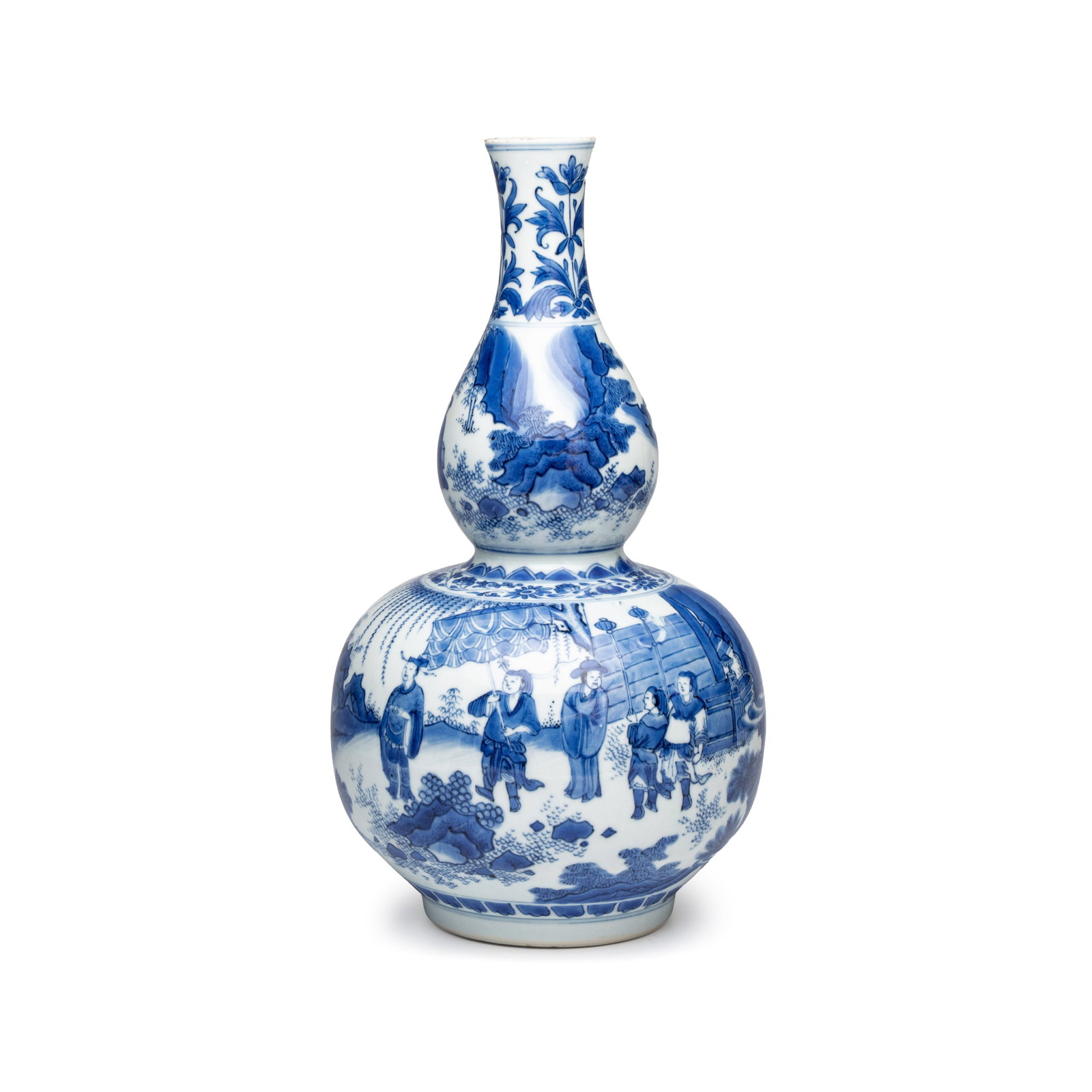 A Chinese blue and white 'Jia Guan Jin Jue' double gourd vase, Transitional period (1 of 8)