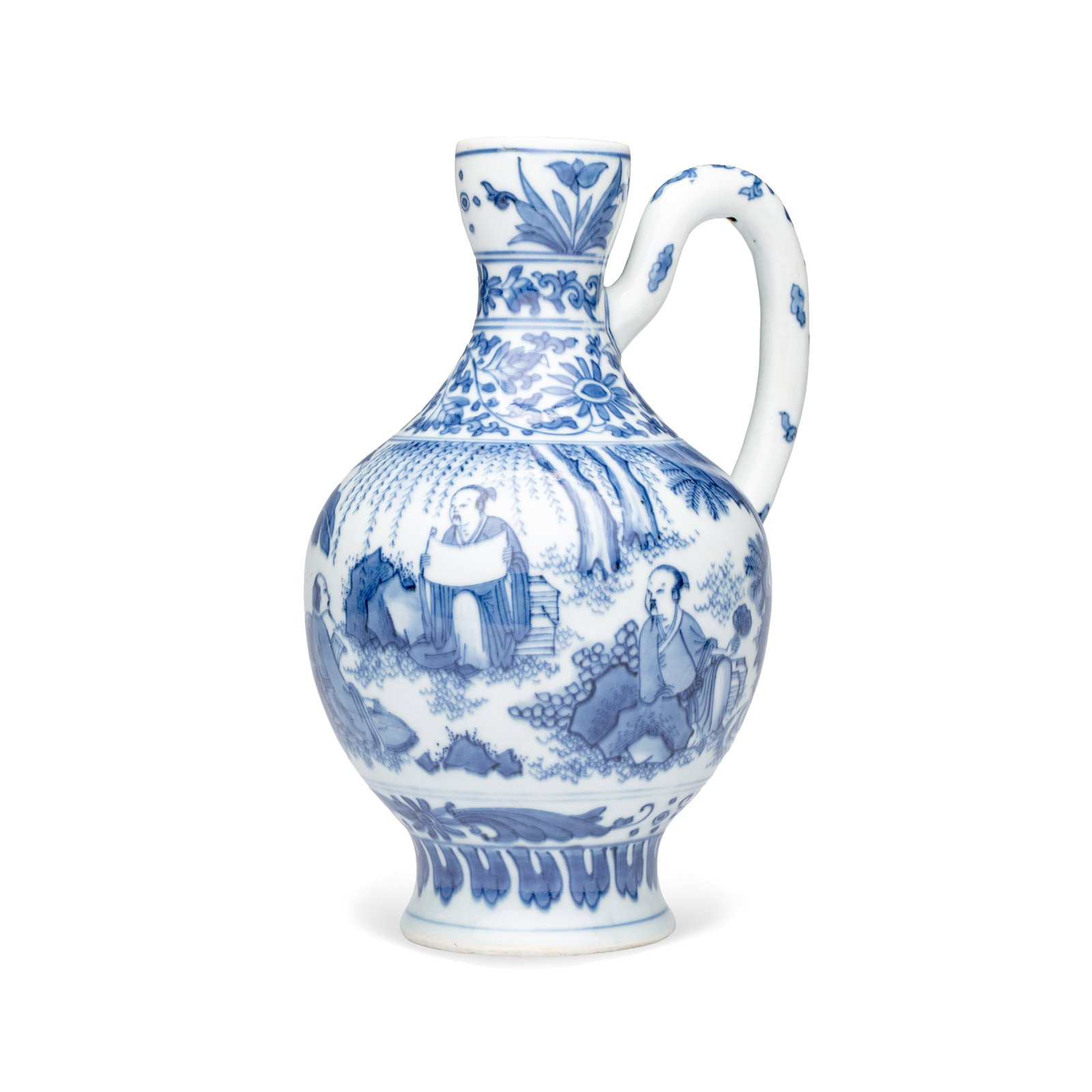 A rare Chinese blue and white 'Scholars Gathering' jug, Ming: A rare Chinese blue and white 'Scholars Gathering' jug, Ming L.: 15,4 cm - H.: 22,6 cm Provenance: - Jorge Welsh Works of Art, London/Lisbon, with their label to the base. - The Mr. and Mrs. Baert-Dev