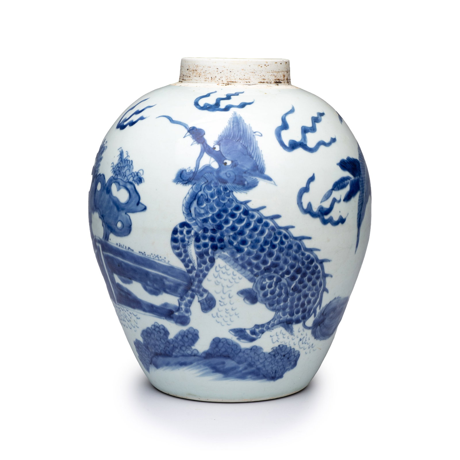 A Chinese blue and white 'Qilin, Phoenix and Magpie' jar, Transitional period (1 of 6)