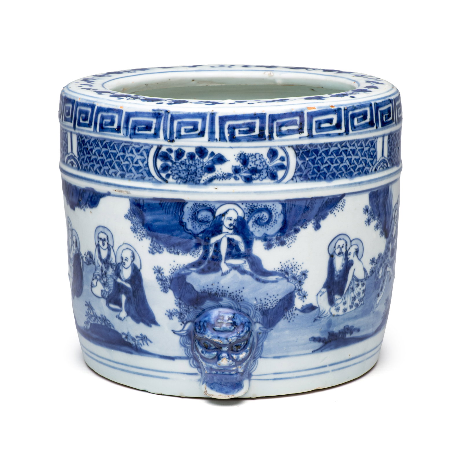 A Chinese blue and white 'Luohan' cylindrical tripod censer, Chongzhen (1 of 12)