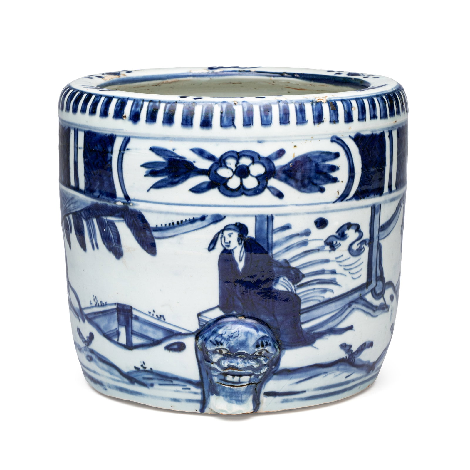 A Chinese blue and white 'Scholars' cylindrical tripod censer, Wanli (1 of 9)