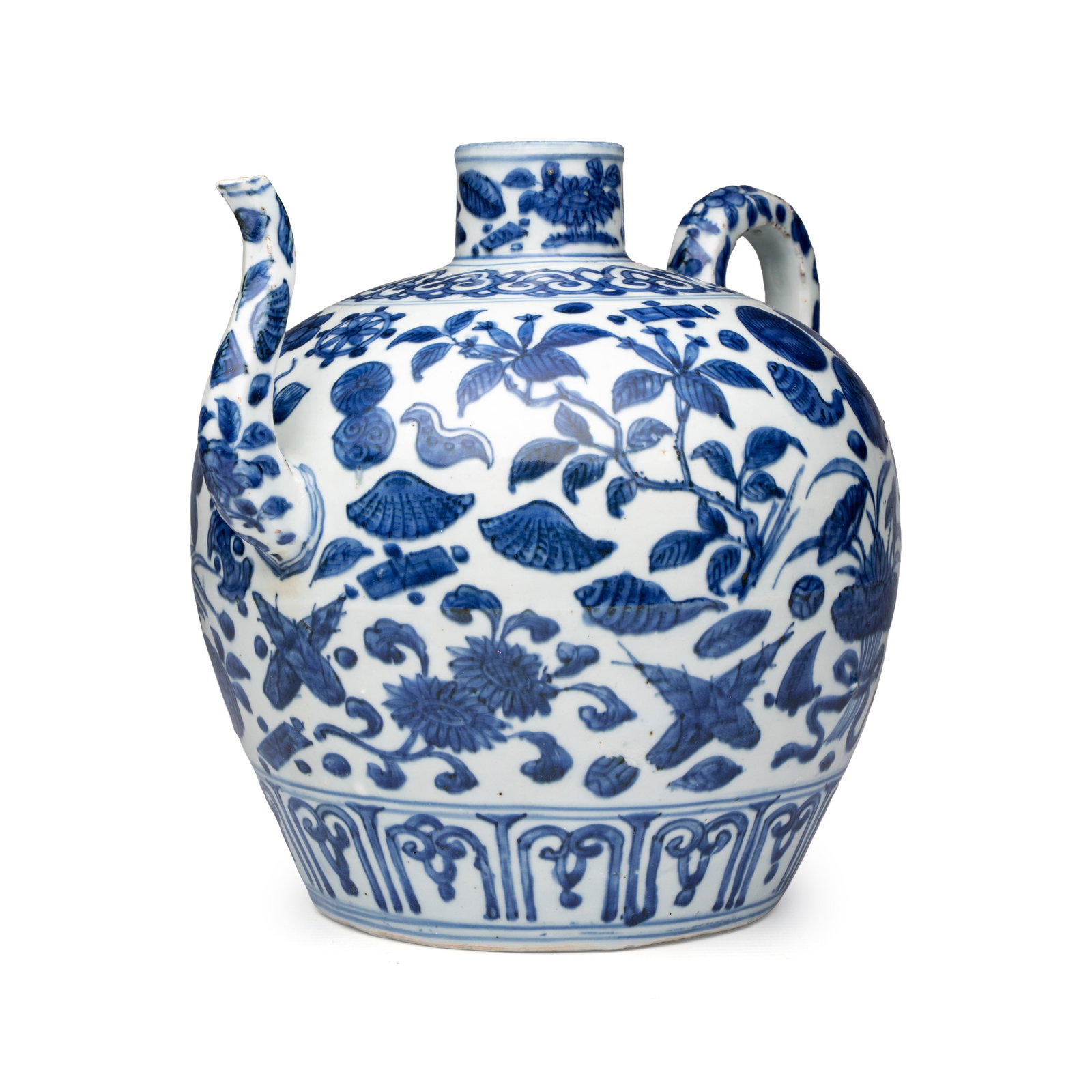 A Chinese blue and white 'Flowers and Auspicious Emblems' ewer, Wanli (1 of 11)