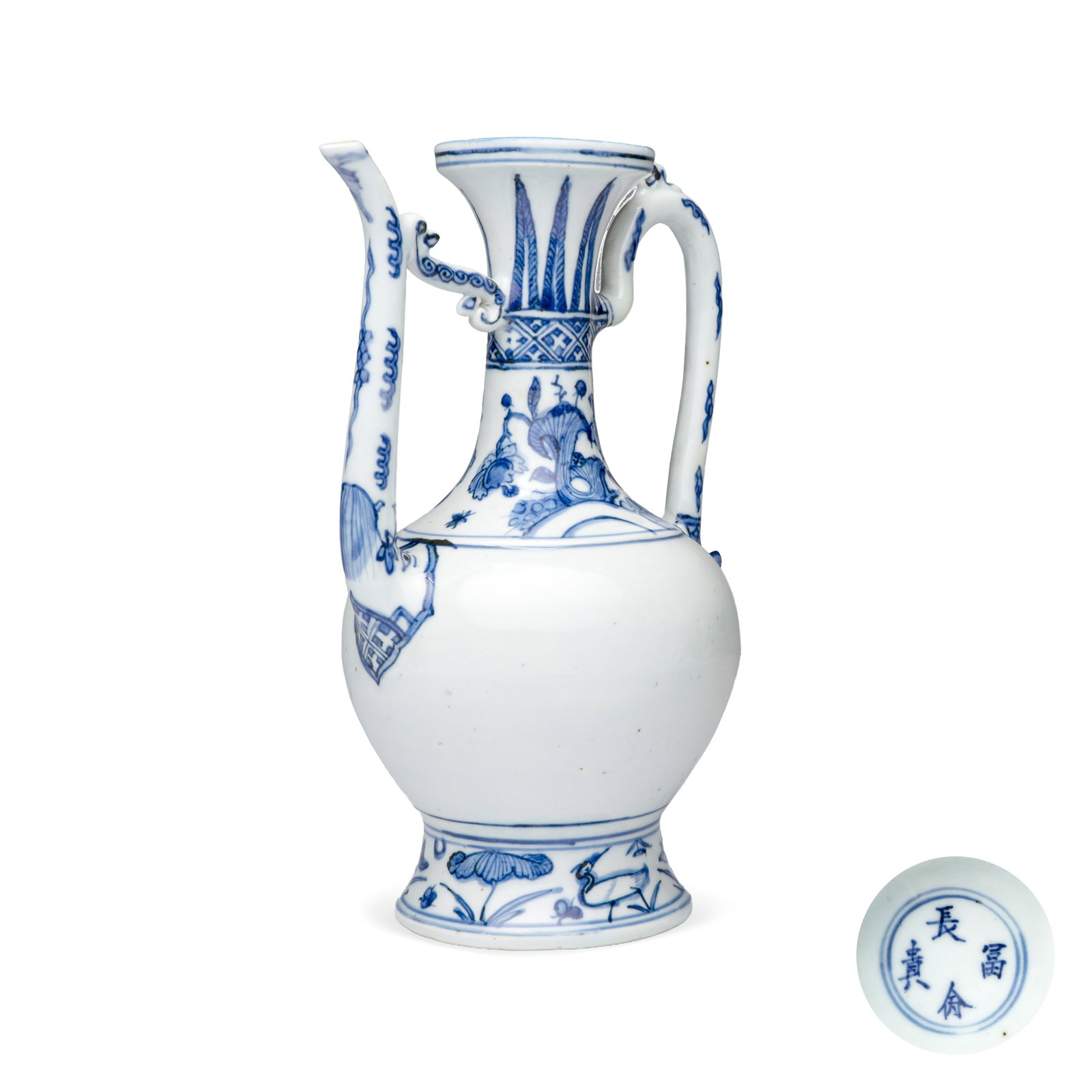 A Chinese blue and white ewer for the Persian market, Chang Ming Fu Gui mark, Jiajing/Wanli: A Chinese blue and white ewer for the Persian market, Chang Ming Fu Gui mark, Jiajing/Wanli H.: 23,2 cm Provenance: - Vanderven Oriental Art, 's Hertogenbosch. - The Mr. and Mrs. Baert-Devos Collectio