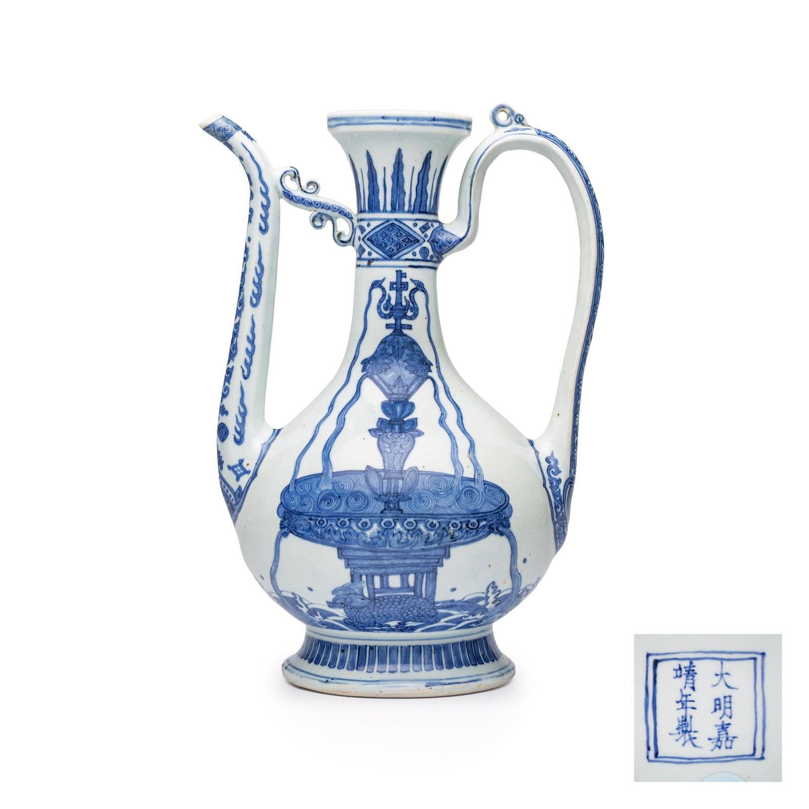 A Chinese blue and white 'Magic Fountain' ewer, Jiajing mark and of the period (1 of 8)