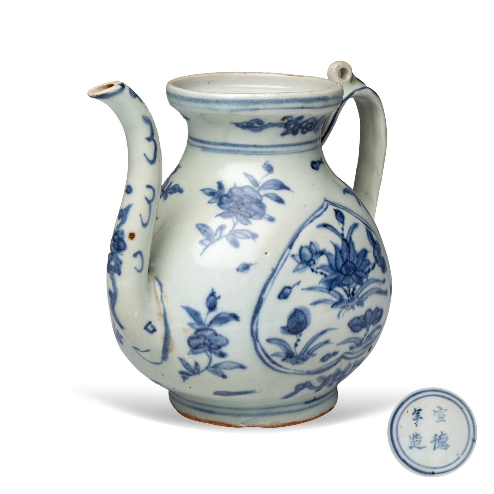 A Chinese blue and white 'Lotus Pond' ewer, Xuande mark, Ming: A Chinese blue and white 'Lotus Pond' ewer, Xuande mark, Ming L.: 15 cm - H.: 13,4 cm Provenance: - Marc Michot, Bruges. - The Mr. and Mrs. Baert-Devos Collection, Belgium. Acquired from the above in 
