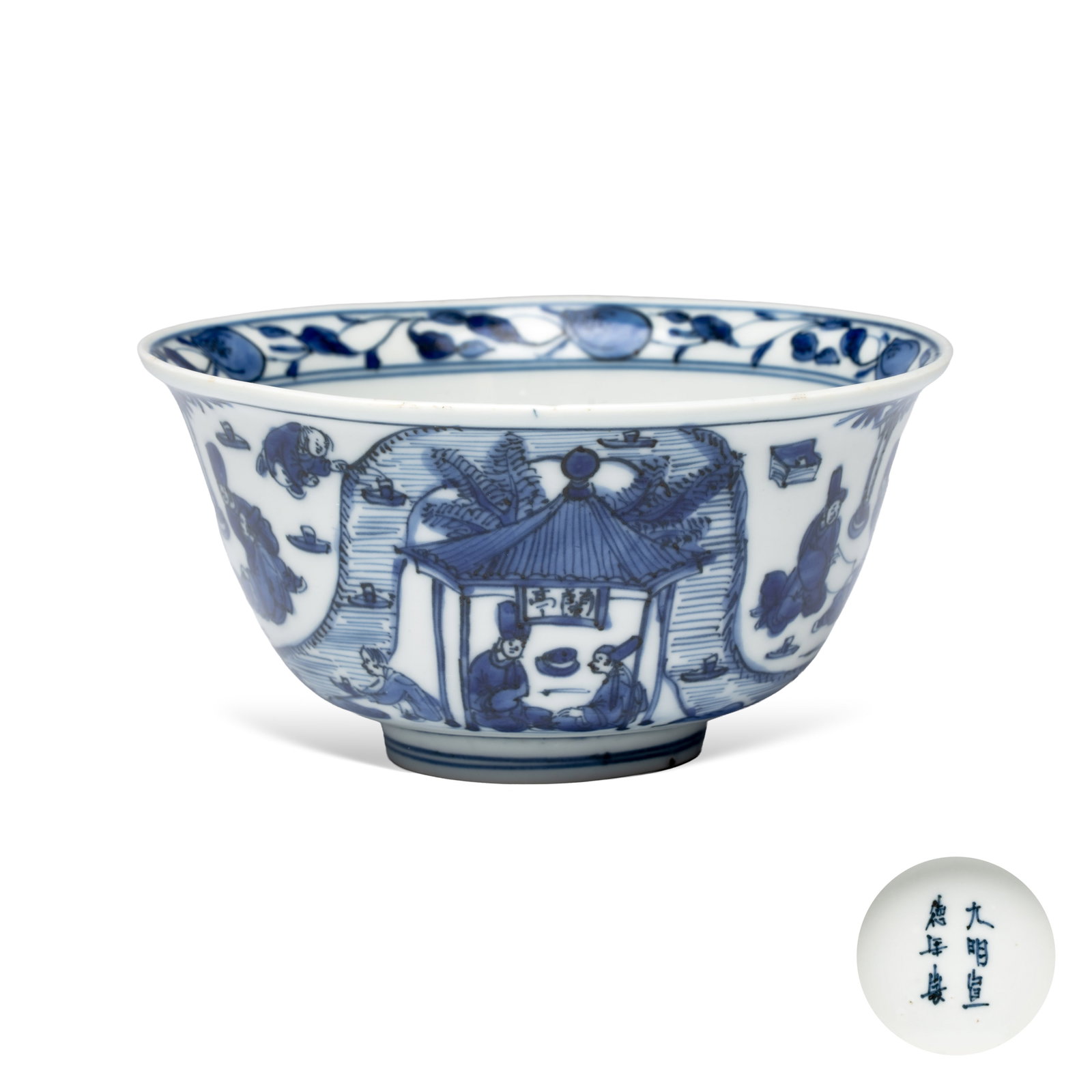 A Chinese blue and white 'Qu Shui Liu Shang' bowl, Xuande mark, Jiajing: A Chinese blue and white 'Qu Shui Liu Shang' bowl, Xuande mark, Jiajing Dia.: 12 cm - H.: 6,5 cm Provenance: - Marc Michot, Bruges. - The Mr. and Mrs. Baert-Devos Collection, Belgium. Acquired from th