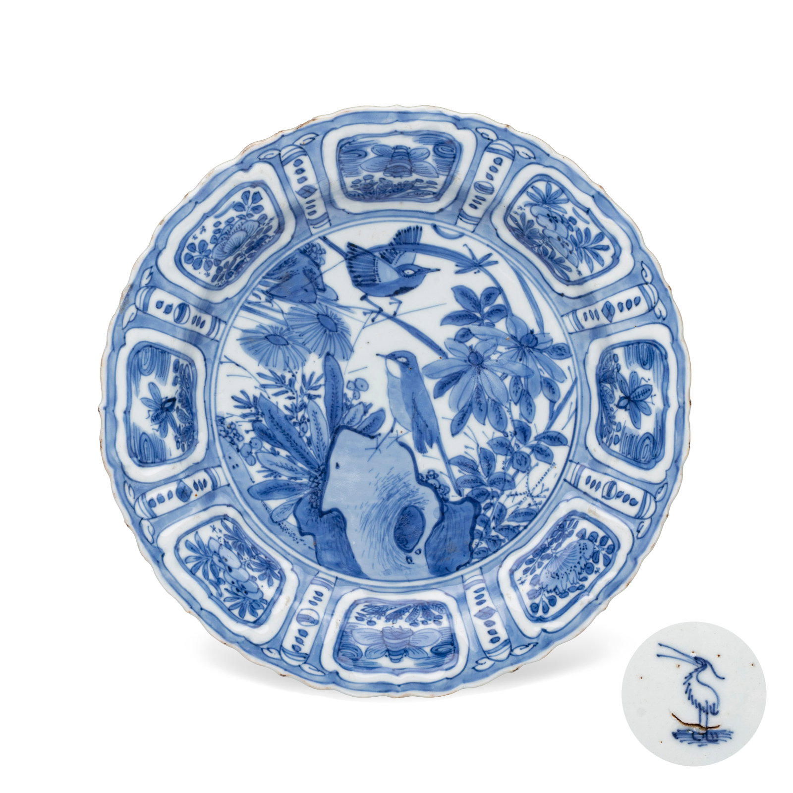 A Chinese blue and white 'Pair of Birds' plate, Egret mark, Wanli (1 of 2)