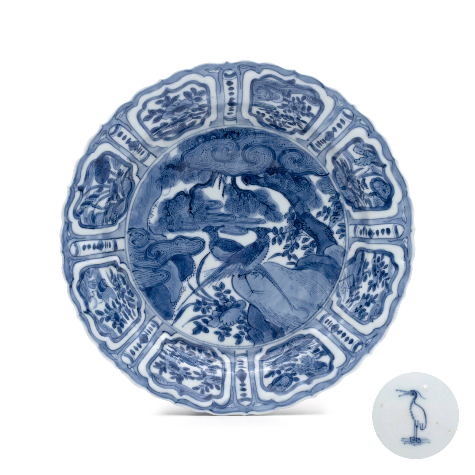 A Chinese blue and white 'Pheasants' plate, Egret mark, Wanli (1 of 4)