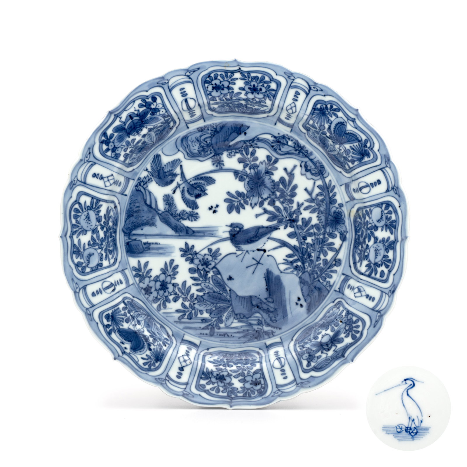 A Chinese blue and white plate with birds in a landscape, Egret mark, Wanli (1 of 3)