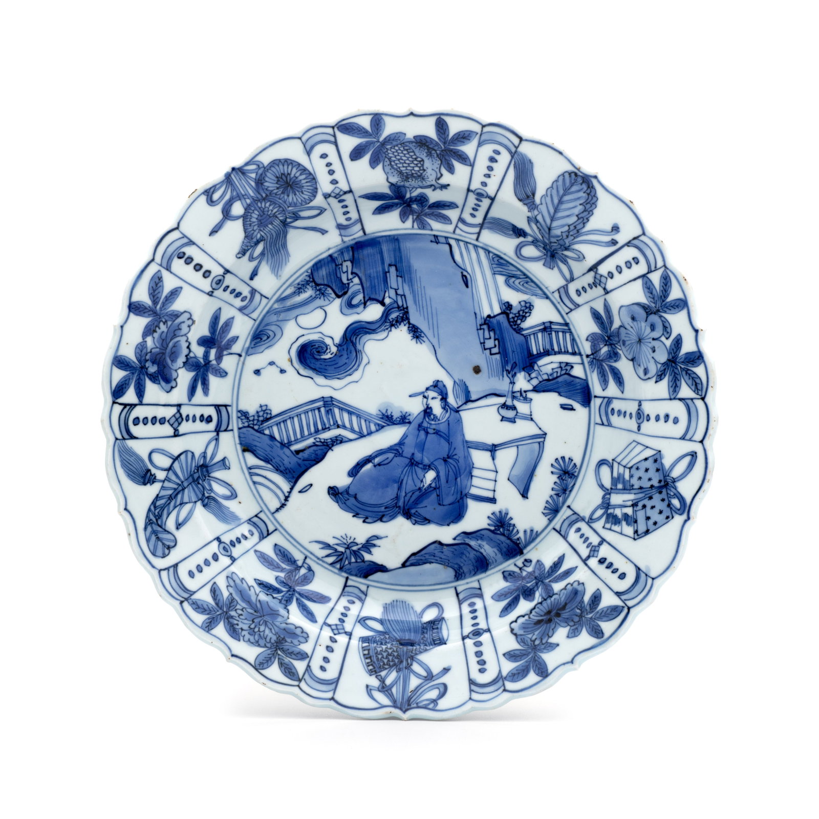 A Chinese blue and white 'Scholar' dish, Wanli: A Chinese blue and white 'Scholar' dish, Wanli Dia.: 26,5 cm Provenance: - Marc Michot, Bruges, with their label to the reverse. - The Mr. and Mrs. Baert-Devos Collection, Belgium. Acquired from the a