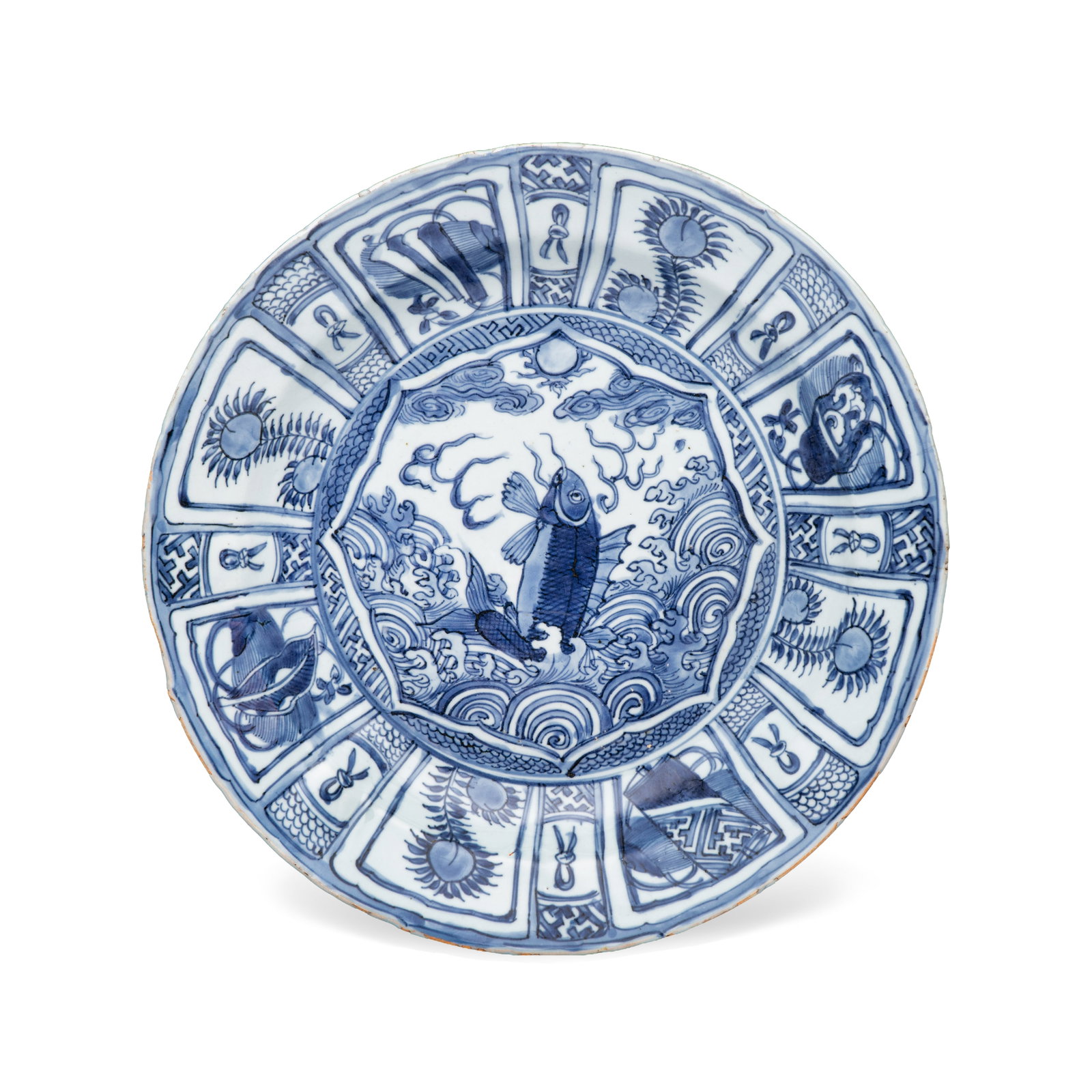 A Chinese blue and white 'Leaping Carp' dish, Wanli: A Chinese blue and white 'Leaping Carp' dish, Wanli Dia.: 36,5 cm Provenance: - Vanderven Oriental Art, 's Hertogenbosch. - The Mr. and Mrs. Baert-Devos Collection, Belgium. Acquired from the above in