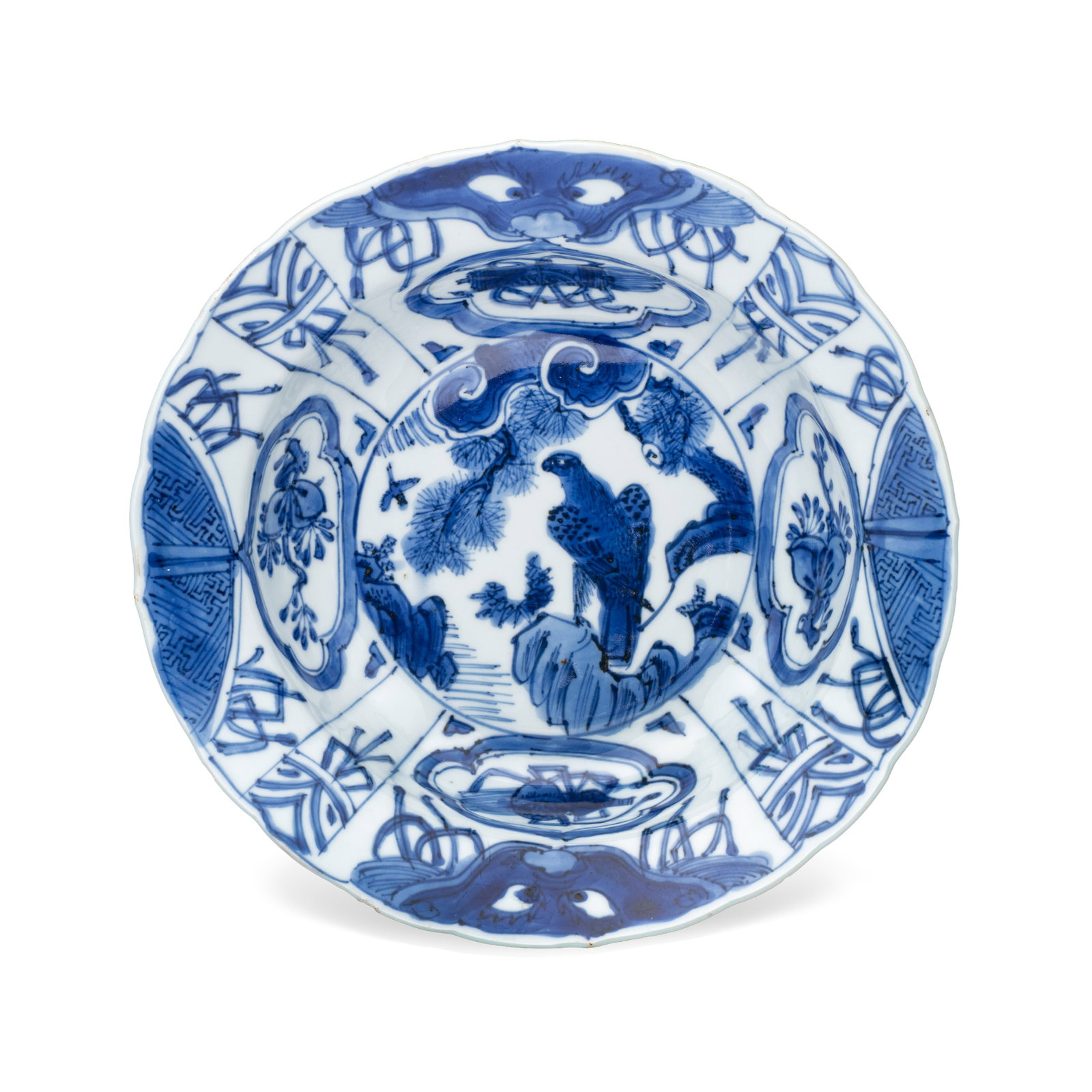 A Chinese blue and white 'Klapmuts' bowl with a bird of prey, Wanli: A Chinese blue and white 'Klapmuts' bowl with a bird of prey, Wanli Dia.: 22 cm Provenance: - Vanderven Oriental Art, 's Hertogenbosch. - The Mr. and Mrs. Baert-Devos Collection, Belgium. Acquired fro