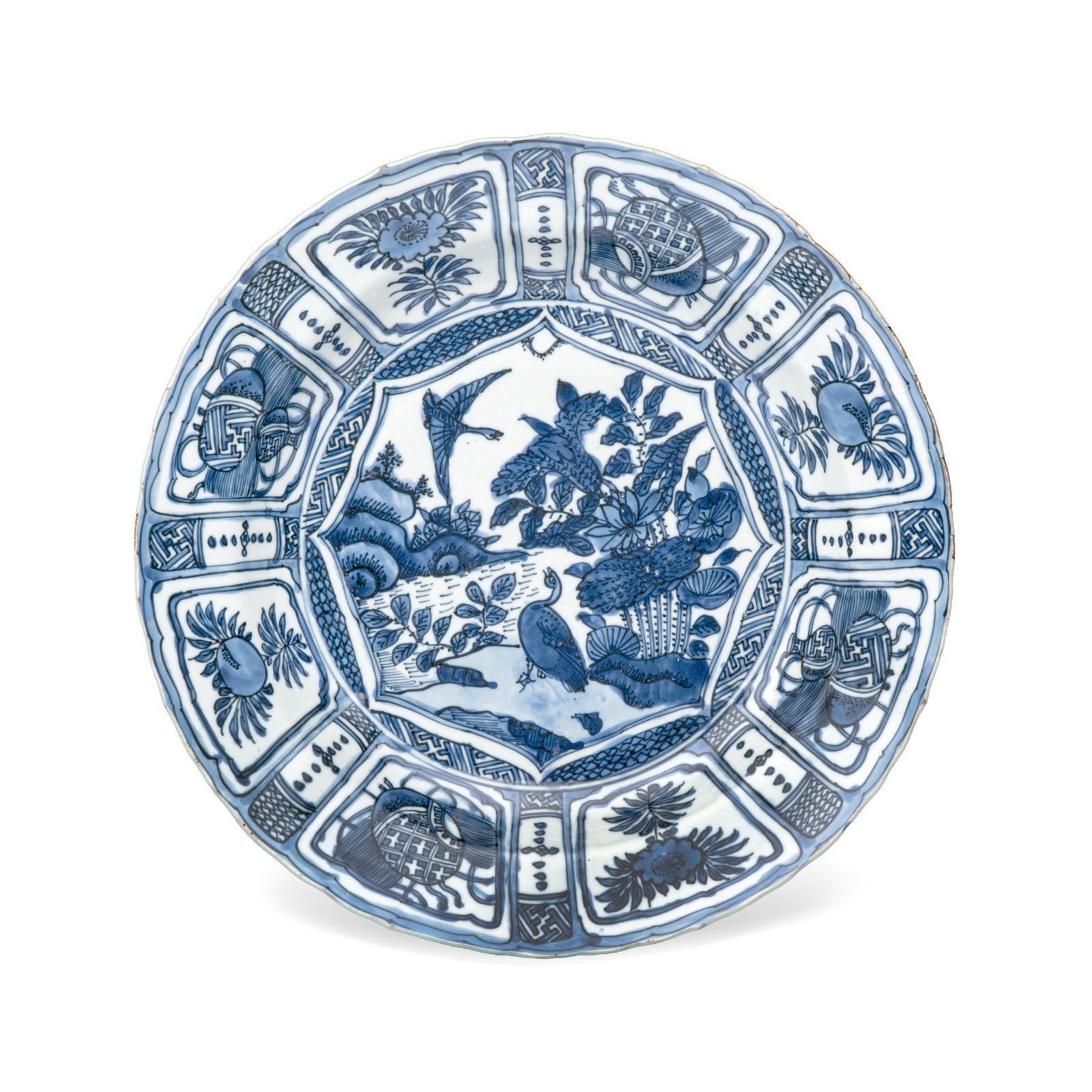 A Chinese blue and white 'Geese' dish, Wanli: A Chinese blue and white 'Geese' dish, Wanli Dia.: 28,6 cm Provenance: The Mr. and Mrs. Baert-Devos Collection, Belgium. Acquired from Dufromont in 1990, according to the owner's inventory notes. The 