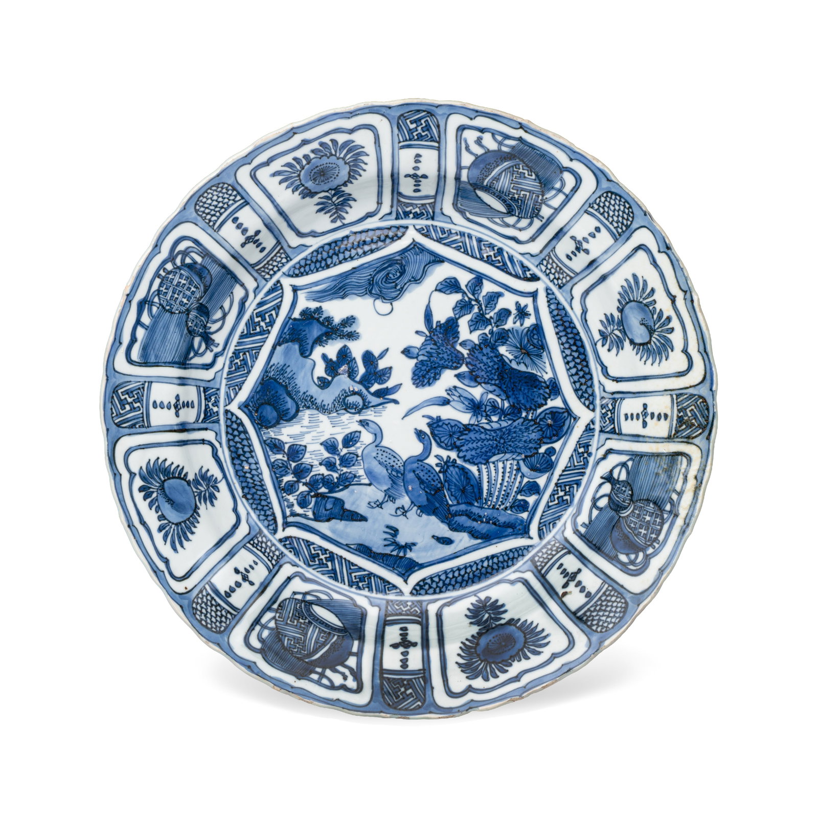 A Chinese blue and white 'Geese' dish, Wanli: A Chinese blue and white 'Geese' dish, Wanli Dia.: 31,8 cm Provenance: - Rob Michiels Auctions, Bruges, 11 February 2017, lot 1042. (sold EUR 975,00) - The Mr. and Mrs. Baert-Devos Collection, Belgium