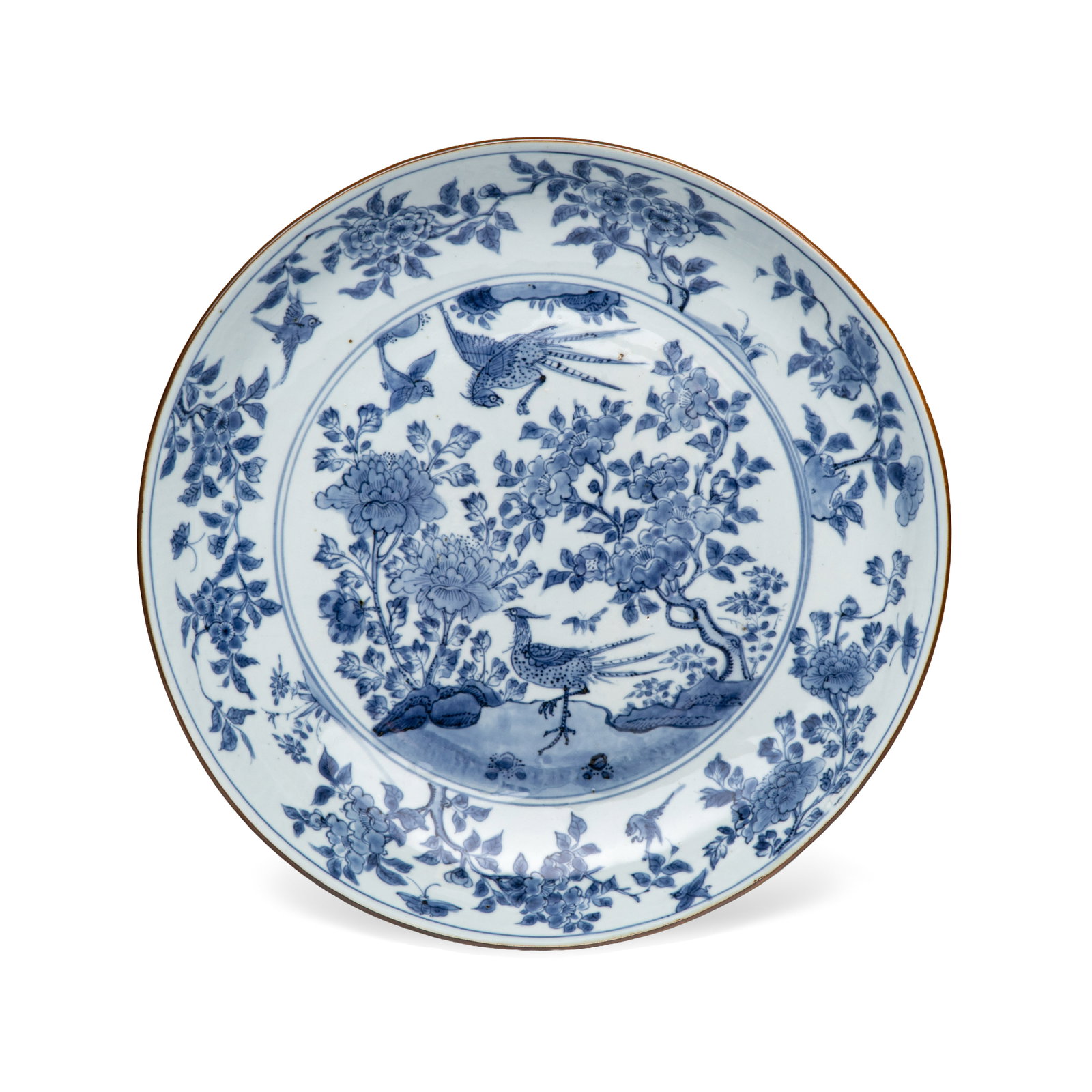 A Chinese blue and white 'Birds among Blossoms' dish, Transitional period (1 of 4)