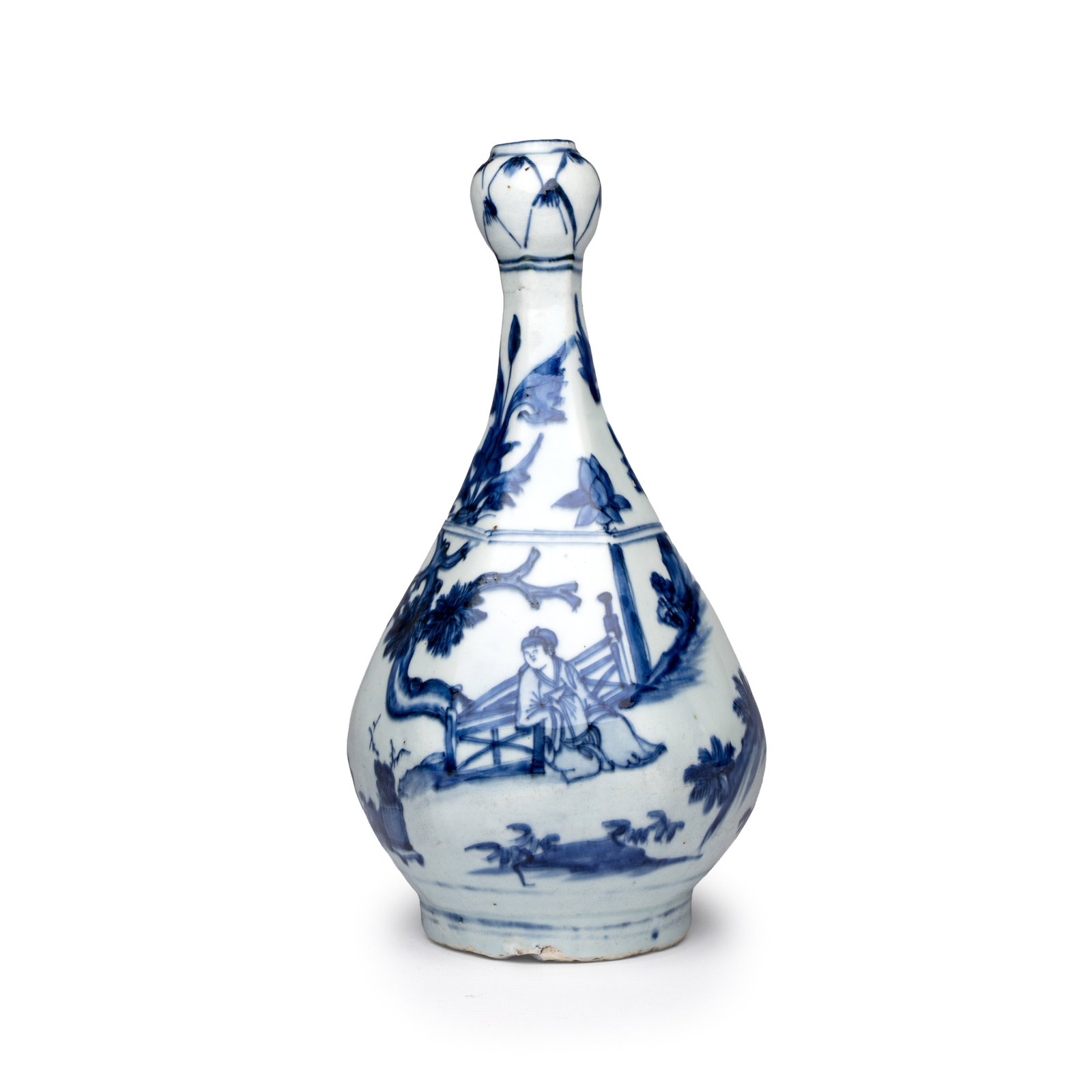 A Chinese blue and white garlic-mouth bottle vase, Wanli/Tianqi: A Chinese blue and white garlic-mouth bottle vase, Wanli/Tianqi H.: 29,4 cm Provenance: - Marc Michot, Bruges. - The Mr. and Mrs. Baert-Devos Collection, Belgium. Acquired from the above in 1990 and a