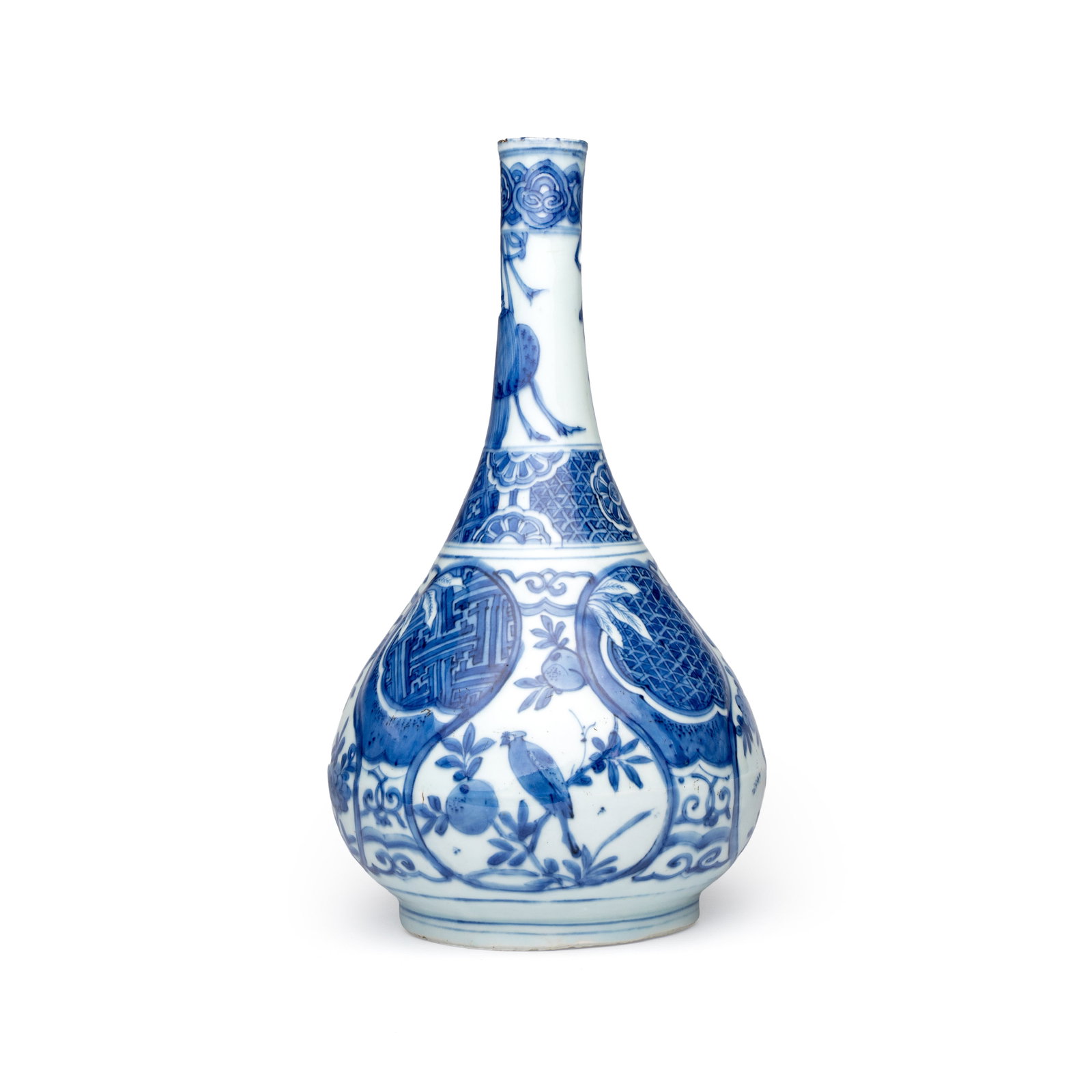A Chinese blue and white 'Bird among Flowering Branches' bottle vase, Ming: A Chinese blue and white 'Bird among Flowering Branches' bottle vase, Ming H.: 27,5 cm Provenance: - Luis Alegria, Porto. - The Mr. and Mrs. Baert-Devos Collection, Belgium. Acquired from the above in