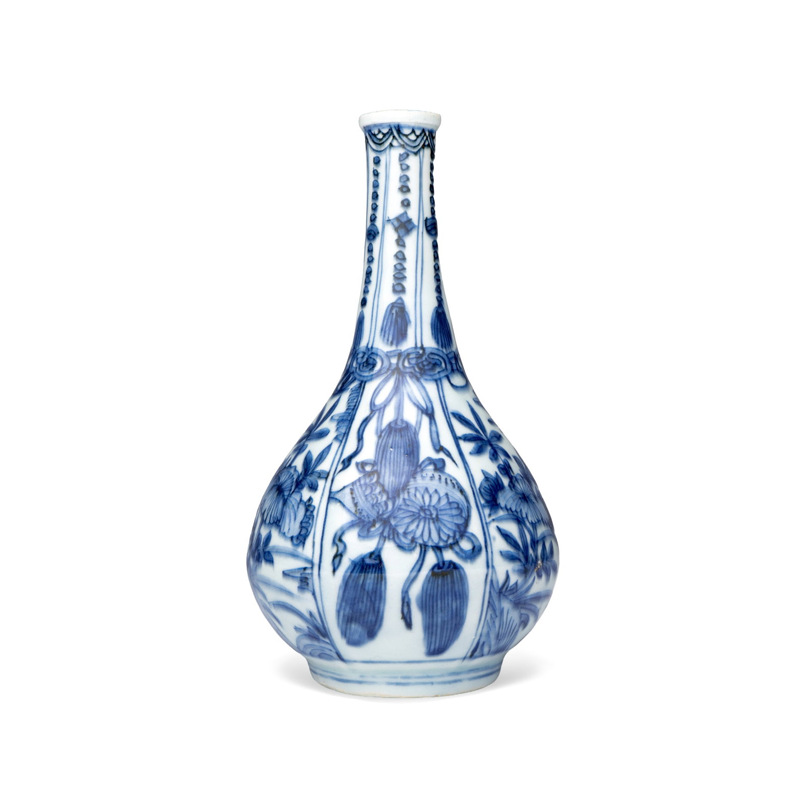 A Chinese blue and white 'Auspicious Emblems and Peonies' pear-shaped vase, Wanli (1 of 9)