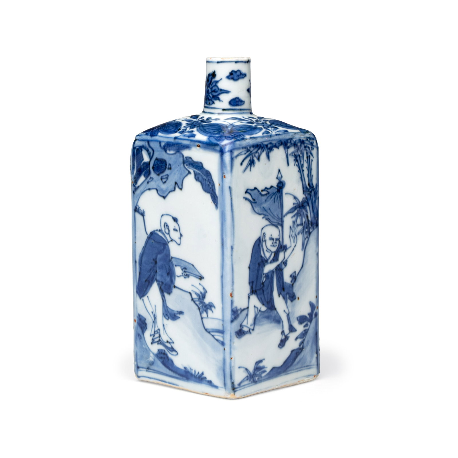 A Chinese blue and white 'Playing Boys' square flask, Ming: A Chinese blue and white 'Playing Boys' square flask, Ming H.: 15,5 cm Provenance: - Christie's London, 8 November 2005, lot 17. (sold GBP 7.200,00) - Luis Alegria, Porto. - The Mr. and Mrs. Baert-Dev
