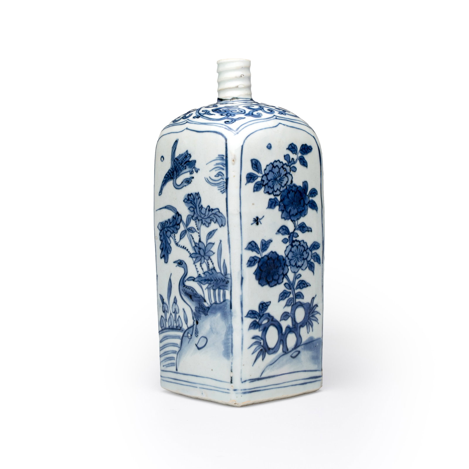 A Chinese blue and white 'Geese and Flowers' square flask, late Ming: A Chinese blue and white 'Geese and Flowers' square flask, late Ming H.: 26,1 cm Provenance: - Marc Michot, Bruges. - The Mr. and Mrs. Baert-Devos Collection, Belgium. Acquired from the above in 1998 