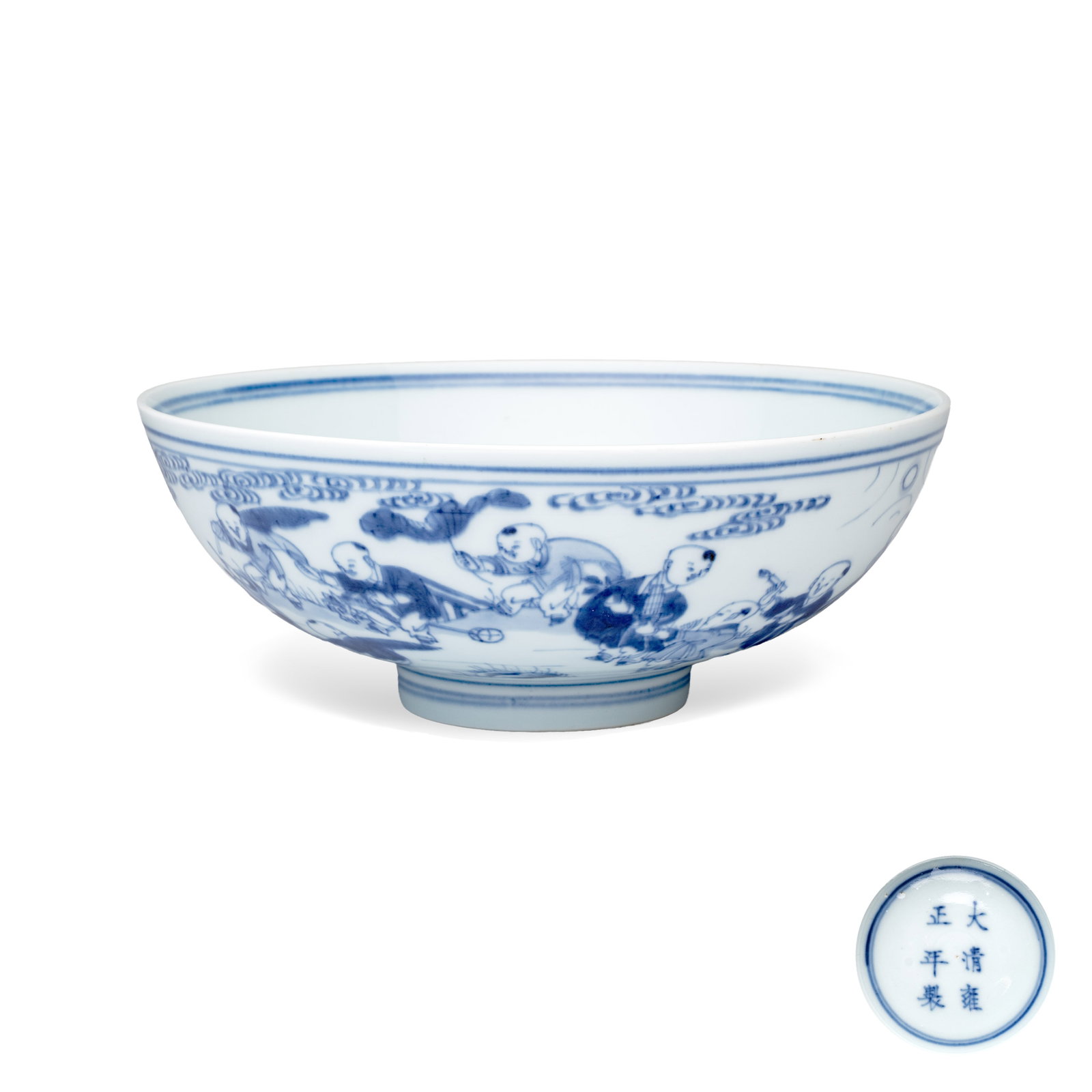 A Chinese blue and white 'Playing Boys' bowl, Yongzheng mark and of the period: A Chinese blue and white 'Playing Boys' bowl, Yongzheng mark and of the period Dia.: 20 cm - H.: 7,8 cm Provenance: - A Dutch private collection. - Rob Michiels Auctions, Bruges, 21 September 2019, lo