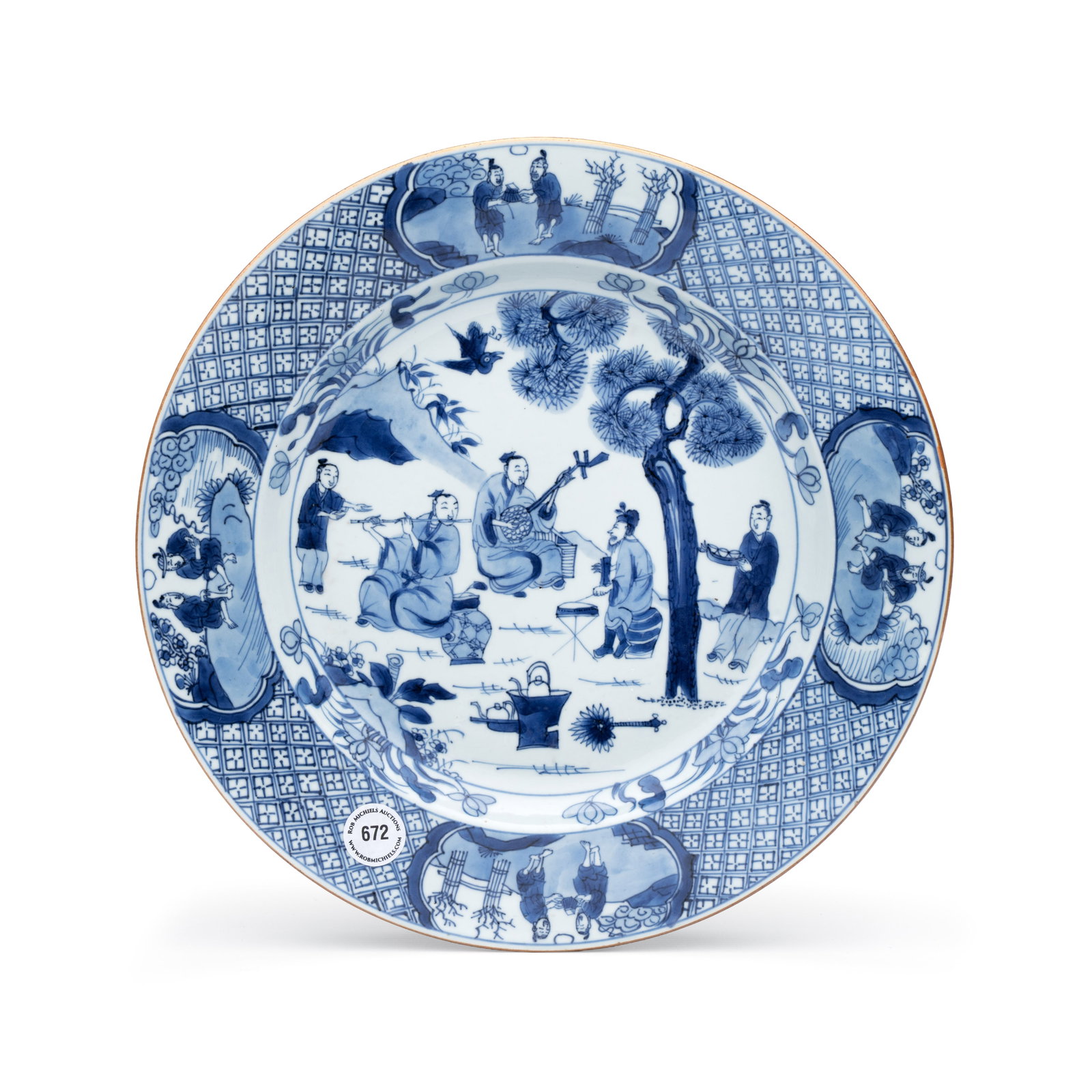 A Chinese blue and white 'Musicians in a Garden' dish, Kangxi: A Chinese blue and white 'Musicians in a Garden' dish, Kangxi Dia.: 32 cm Provenance: - Rob Michiels Auctions, Bruges, 15 February 2020, lot 672. (sold EUR 3.120,00) - The Mr. and Mrs. Baert-Devos Col