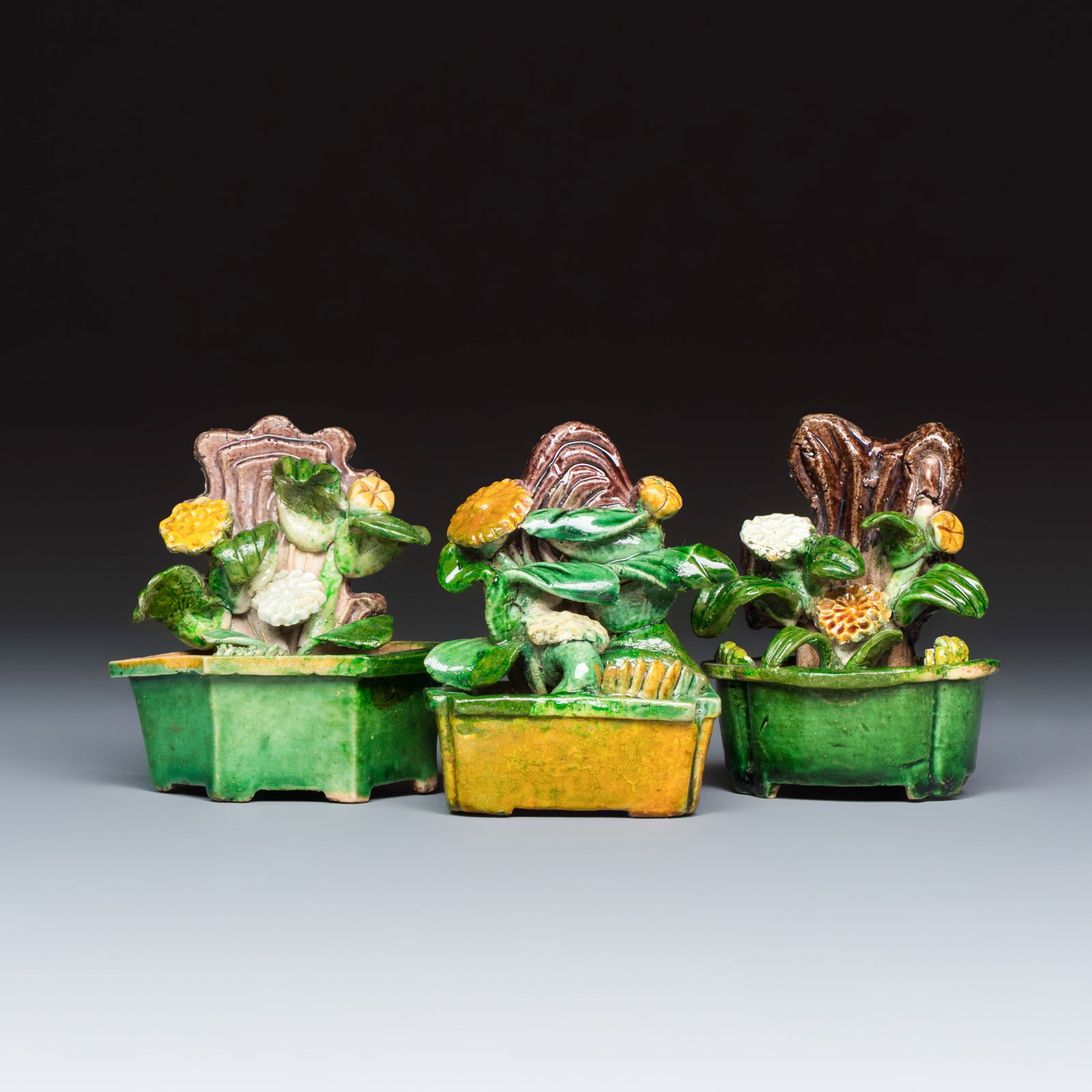 Three Chinese famille verte sancai biscuit 'Jardiniere' incense stick holders, Kangxi (1 of 7)