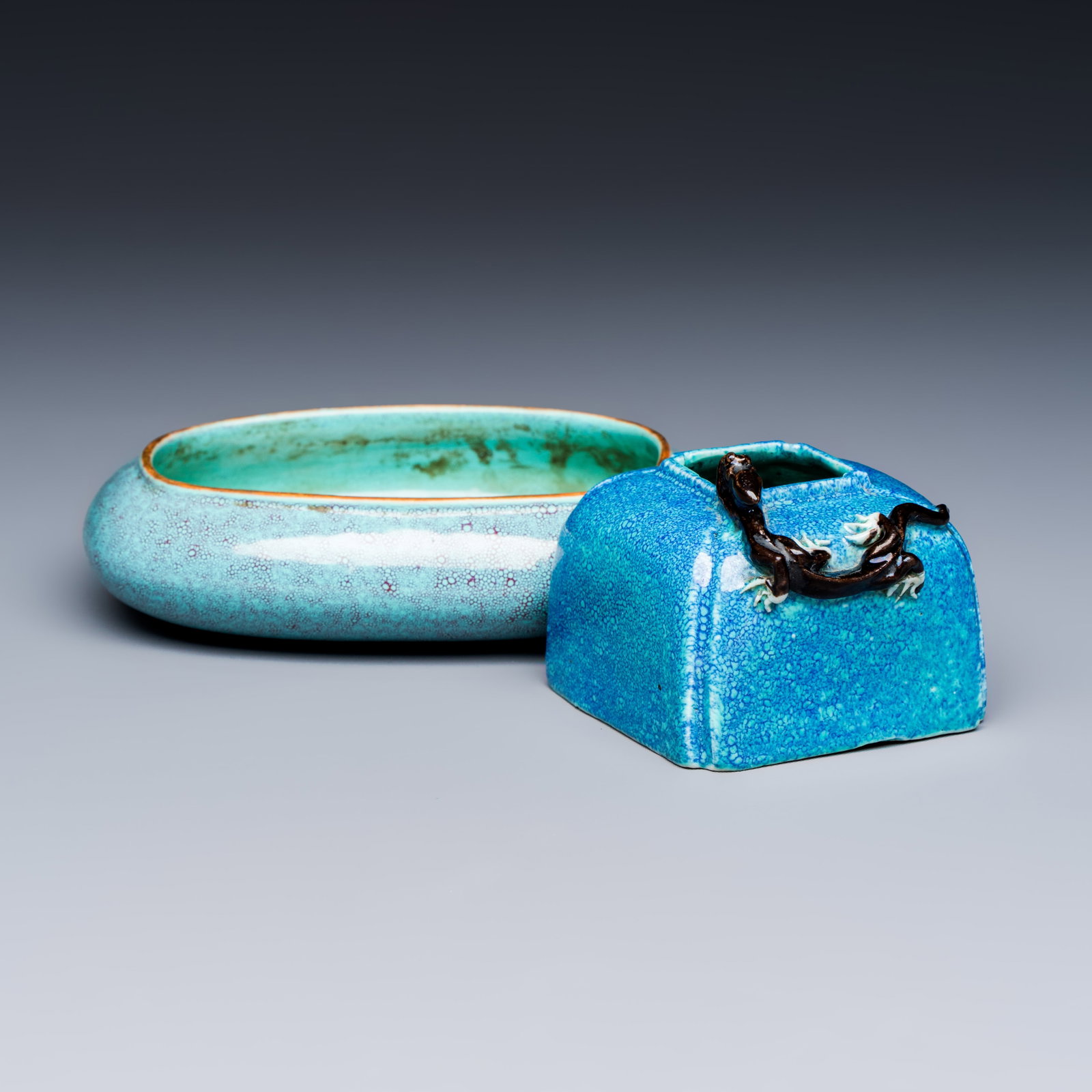 A Chinese robin’s egg-glazed 'Chilong' square brush pot and a brush washer, 19th C. (1 of 7)