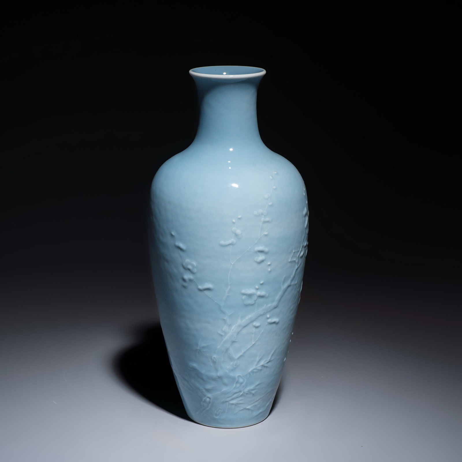 A Chinese claire-de-lune vase with floral relief design, Yongzheng mark, Republic: A Chinese claire-de-lune vase with floral relief design, Yongzheng mark, Republic H.: 35 cm
