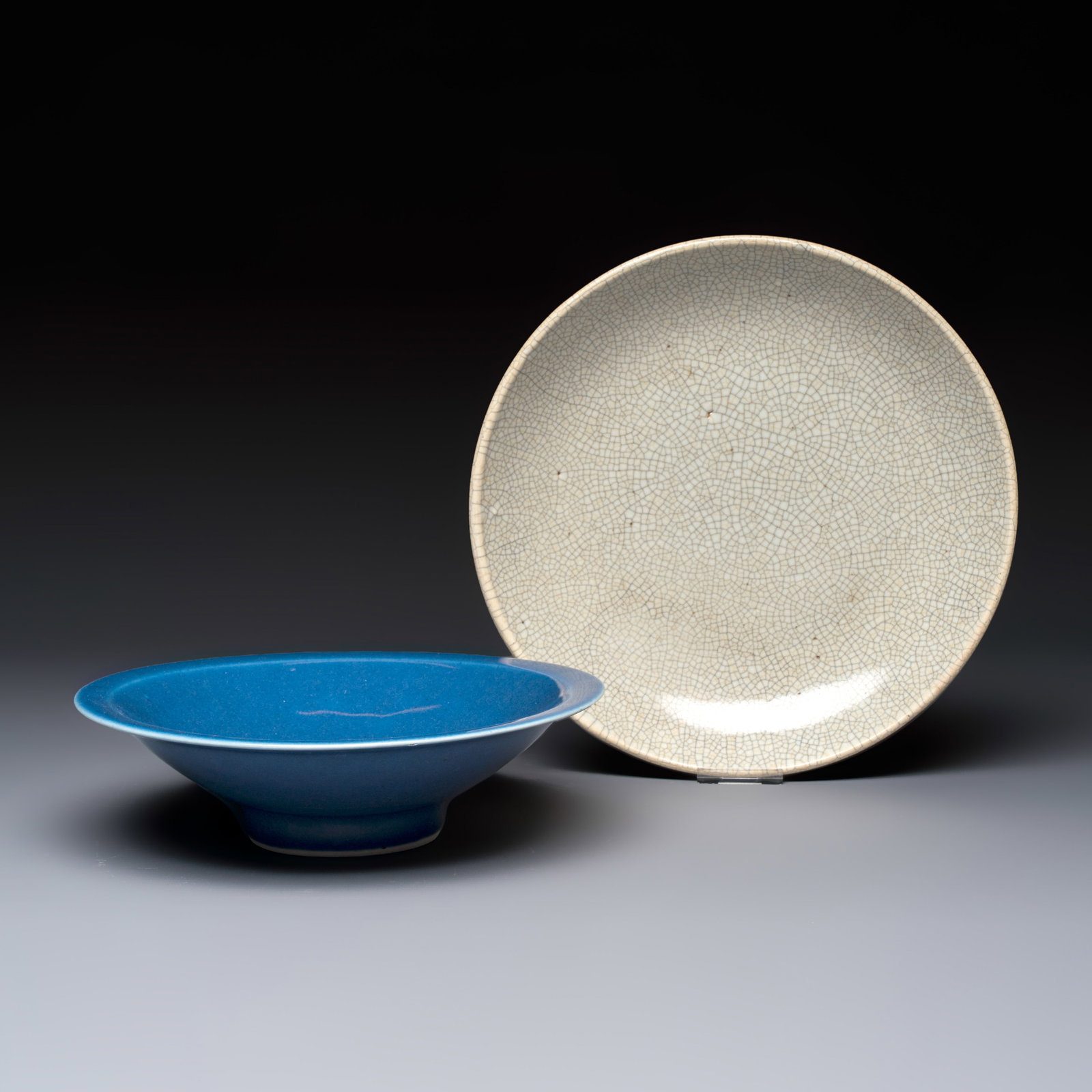 A Chinese blue-glazed shallow bowl and a ge-type dish, 18/19th C. (1 of 3)