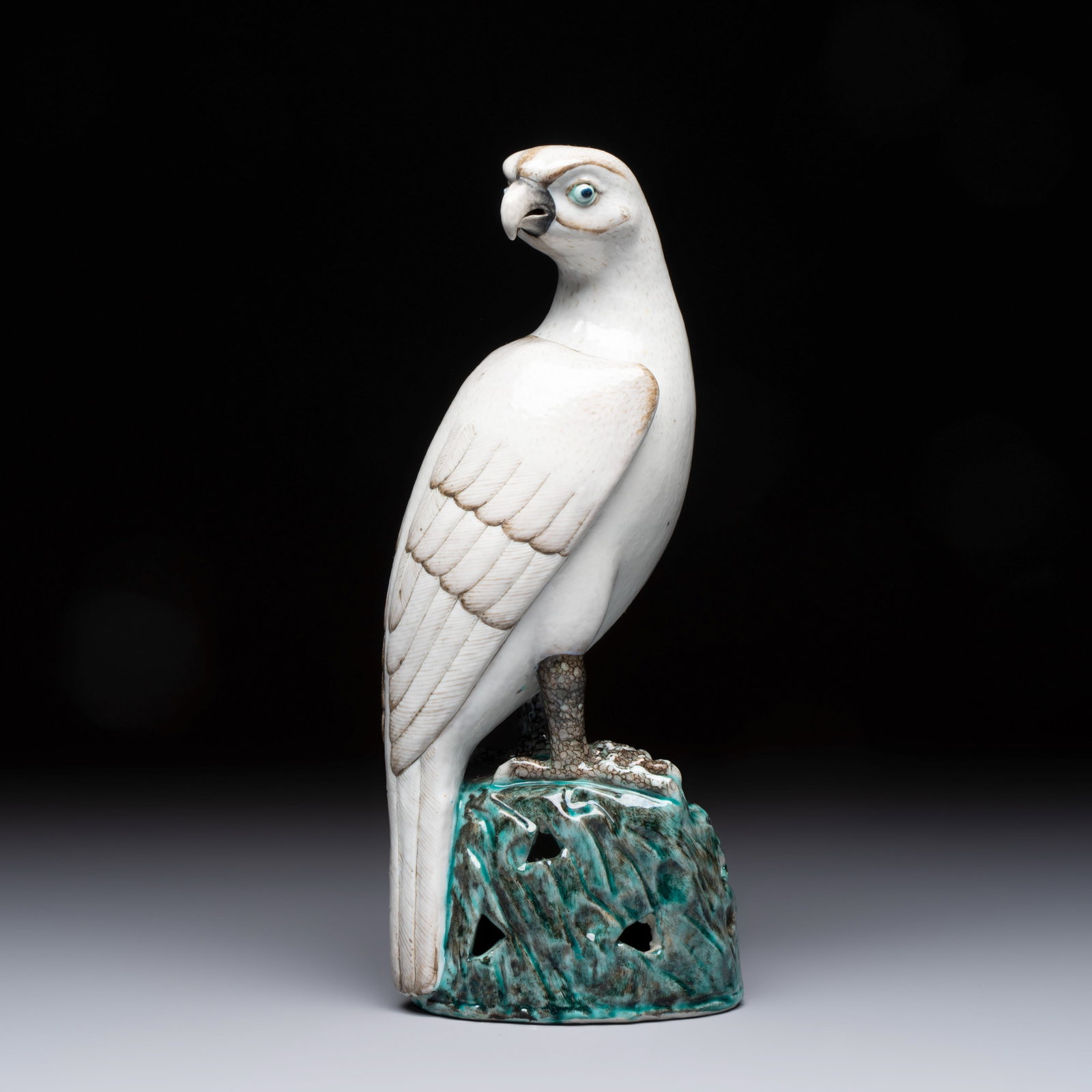 A fine Chinese polychrome-glazed model of a hawk, 19/20th C. (1 of 8)