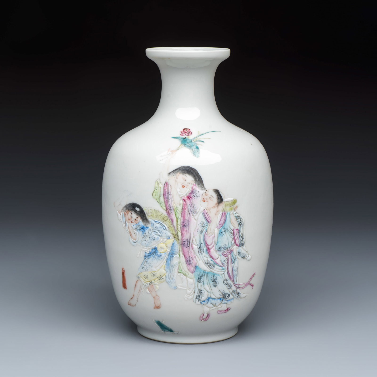 A Chinese famille rose 'Hehe Erxian' and 'Liu Hai' vase, Qianlong mark, Republic (1 of 5)