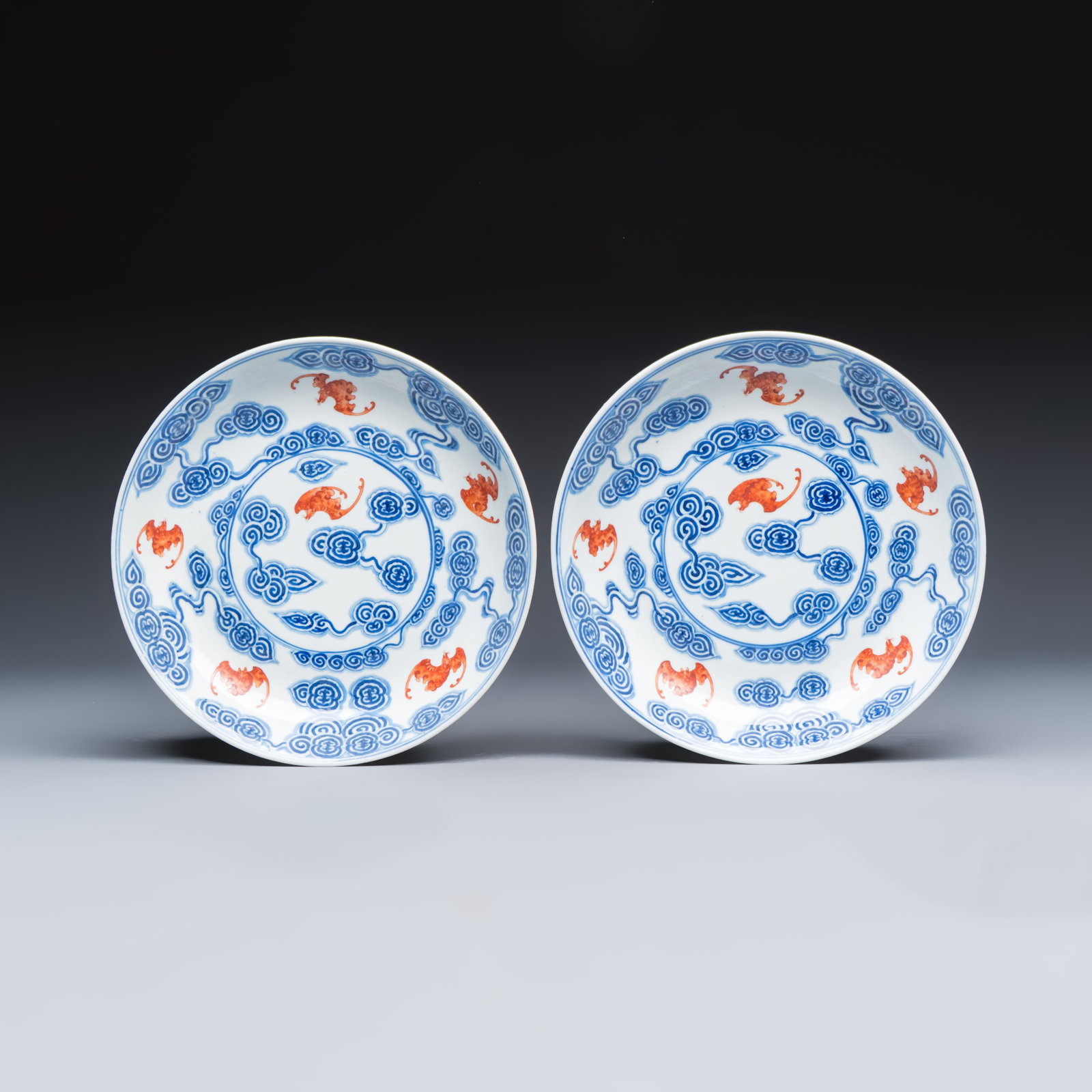 A pair of Chinese blue, white and iron-red 'Hong Fu Qi Tian' plates, Xuantong mark, Republic (1 of 2)