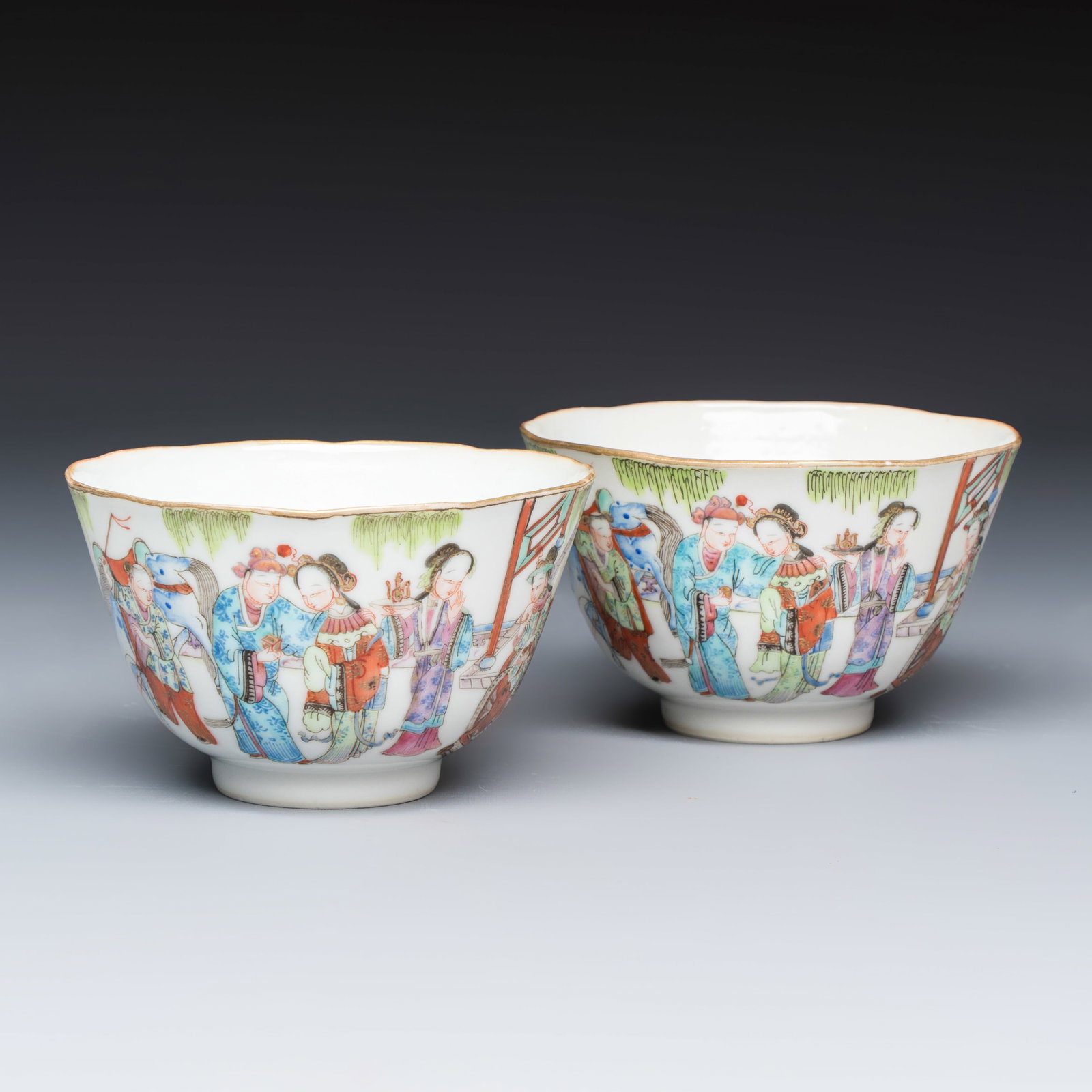 A pair of Chinese famille rose 'Xi Xiang Ji' tea bowls, Tongzhi mark and of the period (1 of 7)