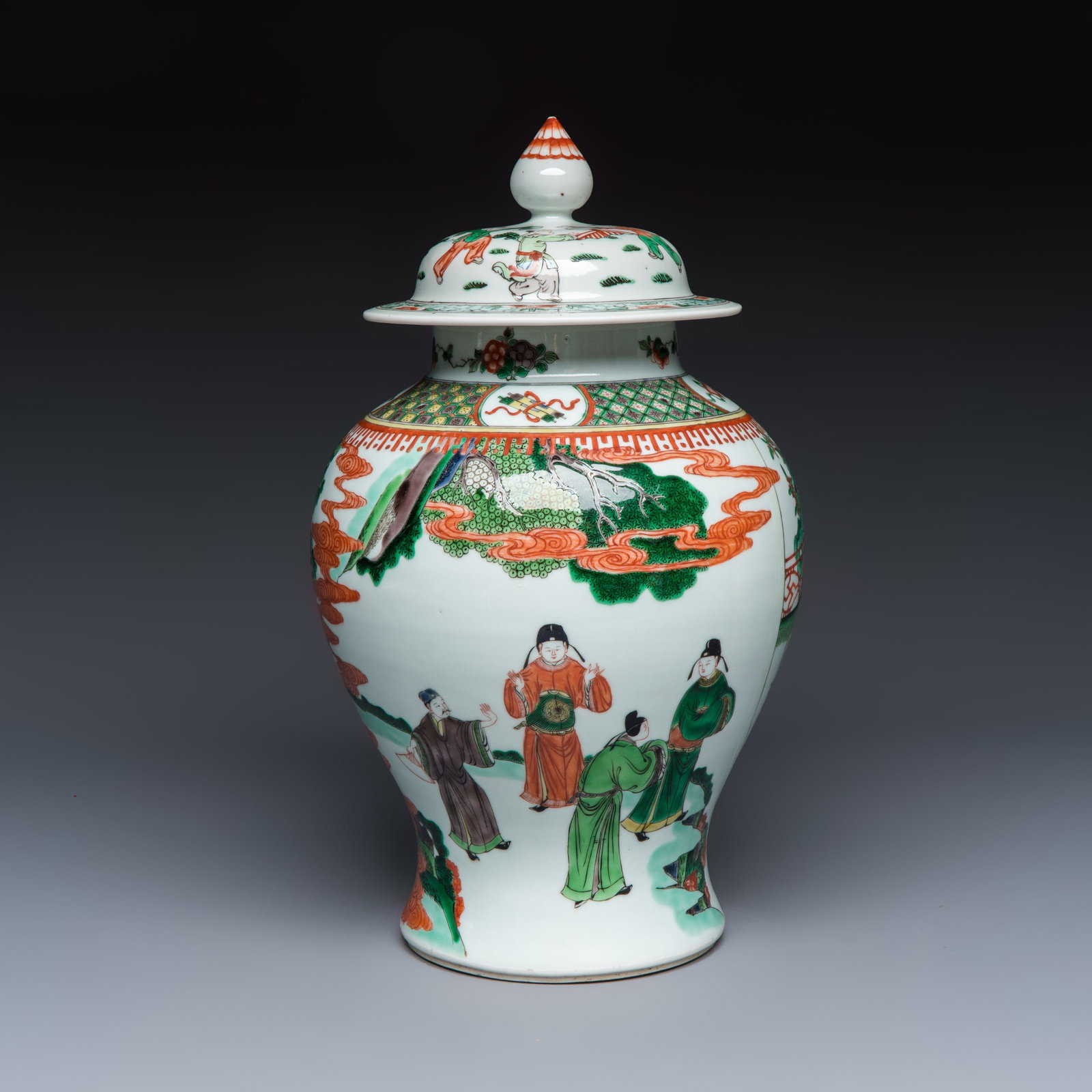 A Chinese famille verte 'Scholars and Court Ladies' baluster vase and cover, 19th C.: A Chinese famille verte 'Scholars and Court Ladies' baluster vase and cover, 19th C. H.: 40,3 cm | incl. cover