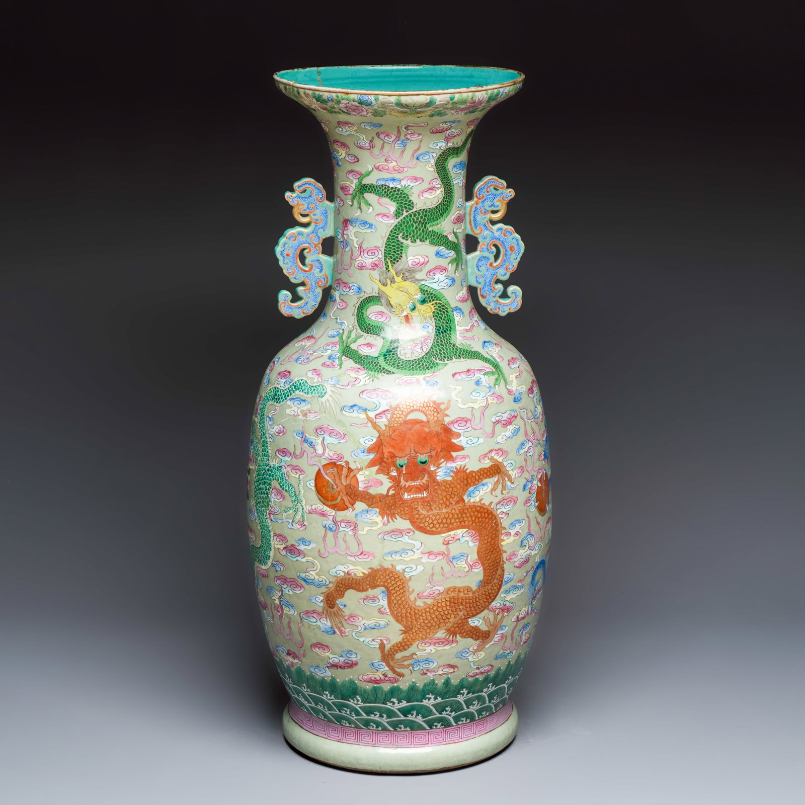 A large Chinese famille rose celadon-ground 'Dragon' vase, 19th C. (1 of 7)