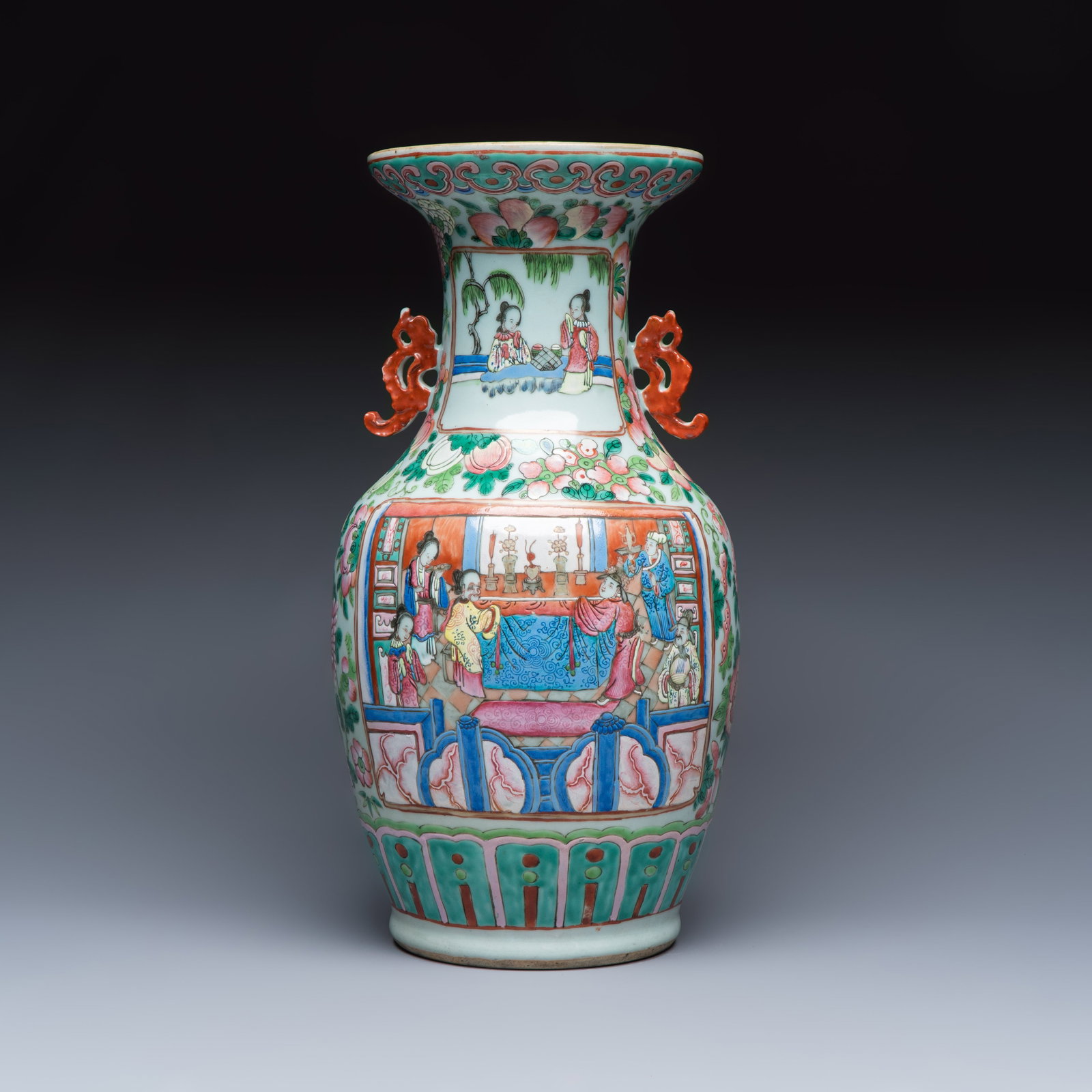 A Chinese famille rose vase with narrative design, 19th C.: A Chinese famille rose vase with narrative design, 19th C. H.: 43 cm