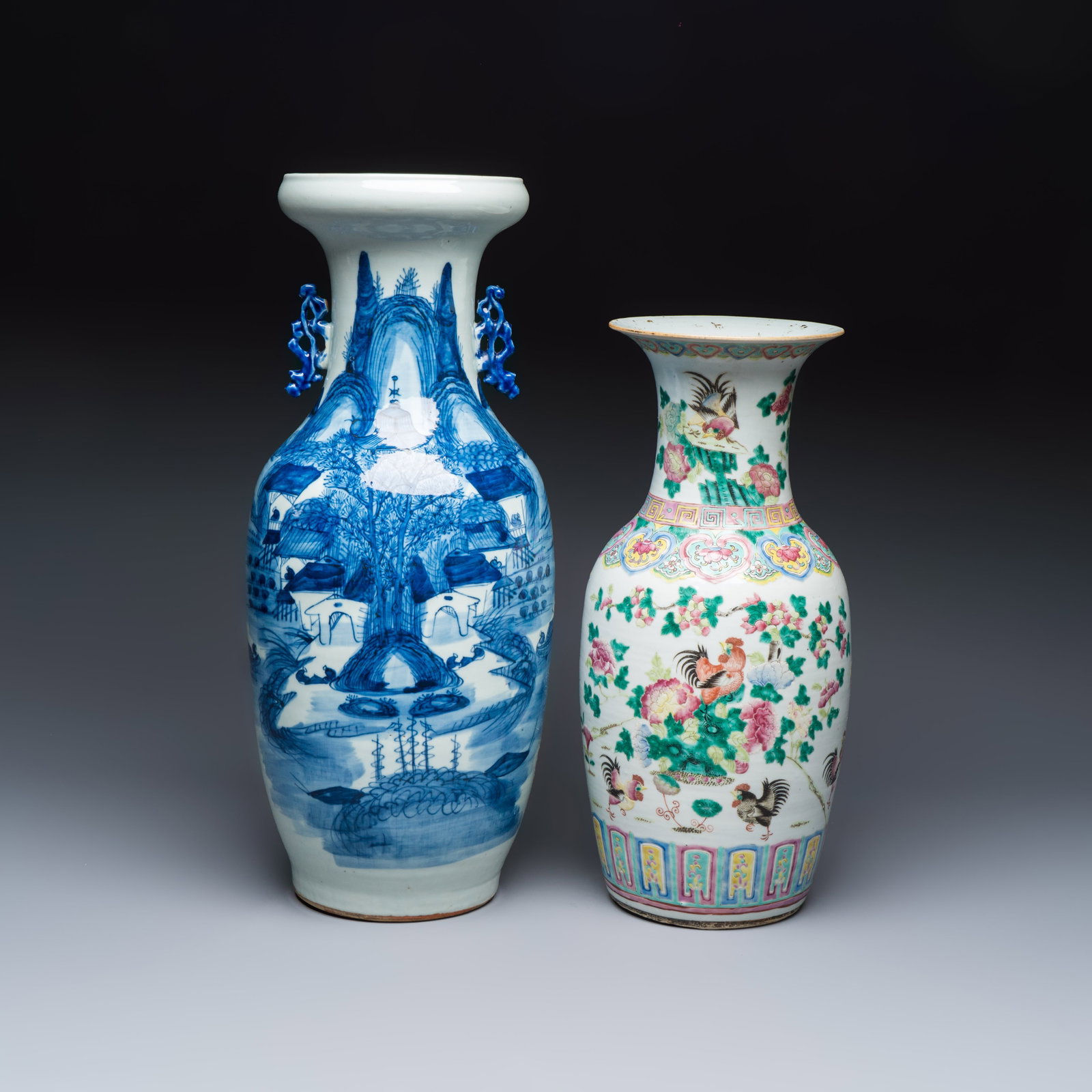 A Chinese blue and white 'Riverscape' vase and a famille rose 'Rooster' vase, 19th C.: A Chinese blue and white 'Riverscape' vase and a famille rose 'Rooster' vase, 19th C. H.: 57,1 cm | the tallest H.: 46,3 cm | the smallest