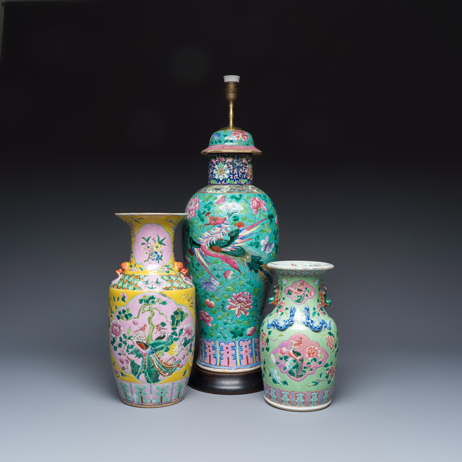 Three Chinese famille rose vases for the Straits or Peranakan market, one mounted as a lamp, 19th C. (1 of 13)