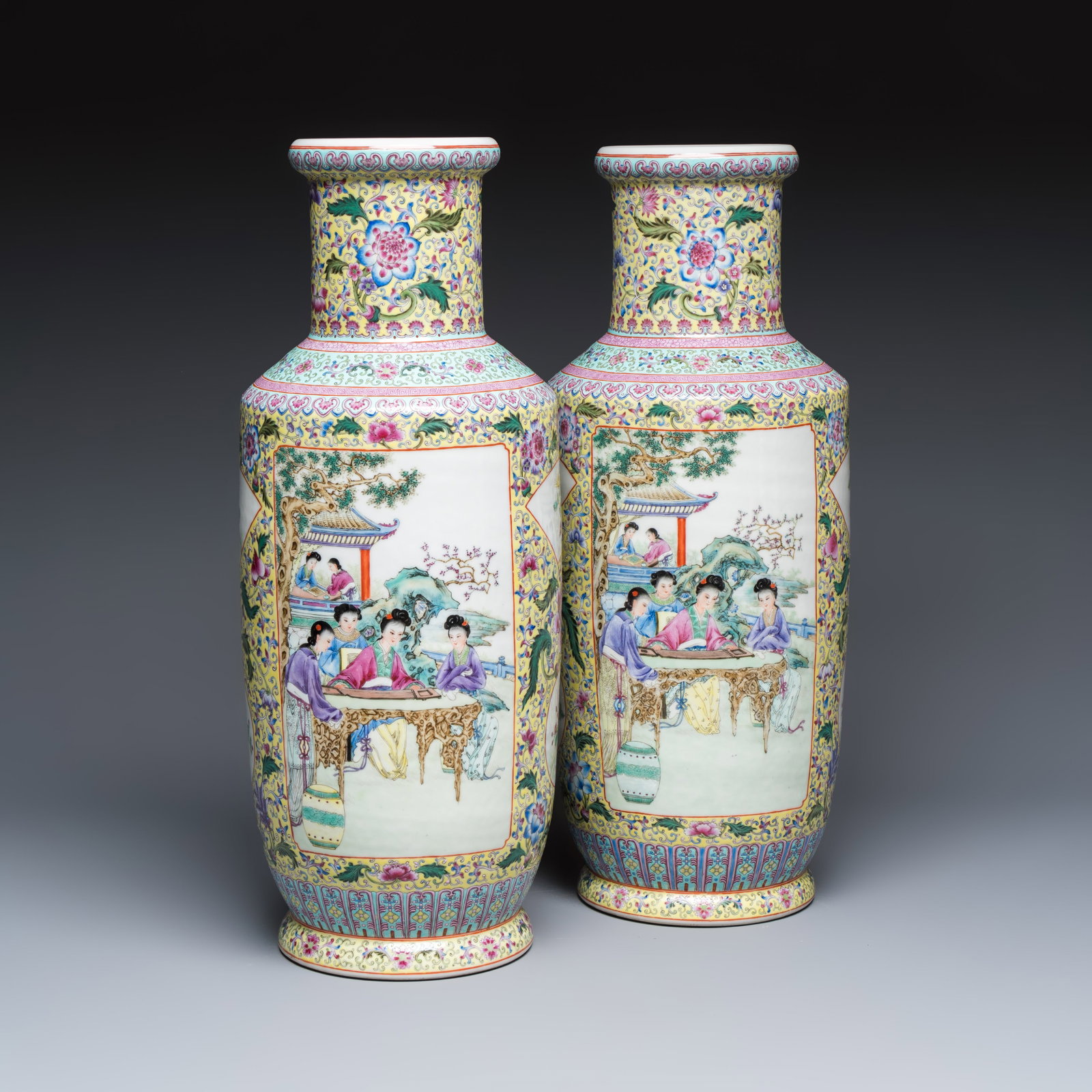 A pair of Chinese famille rose vases with figural design, Qianlong mark, 20th C. (1 of 7)