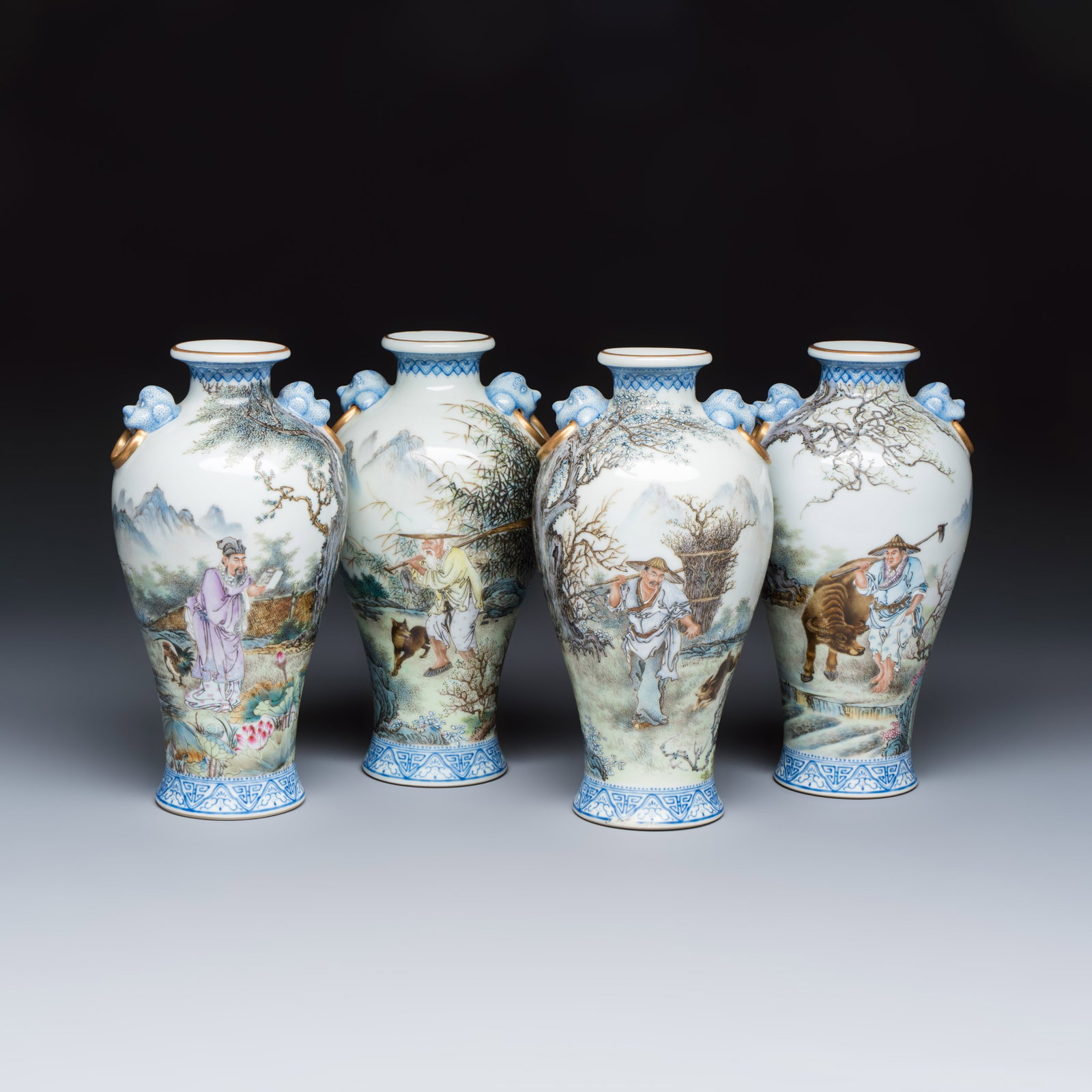 A set of four Chinese famille rose 'Yu Qiao Geng Du' vases, signed Wang Dafan, dated 1952 (1 of 7)