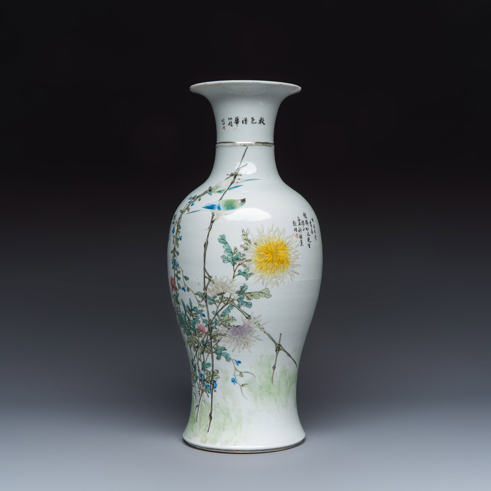 A Chinese famille rose 'Birds Among Flowering Branches' vase, signed Xian Cha, dated 1922: A Chinese famille rose 'Birds Among Flowering Branches' vase, signed Xian Cha, dated 1922 H.: 47 cm