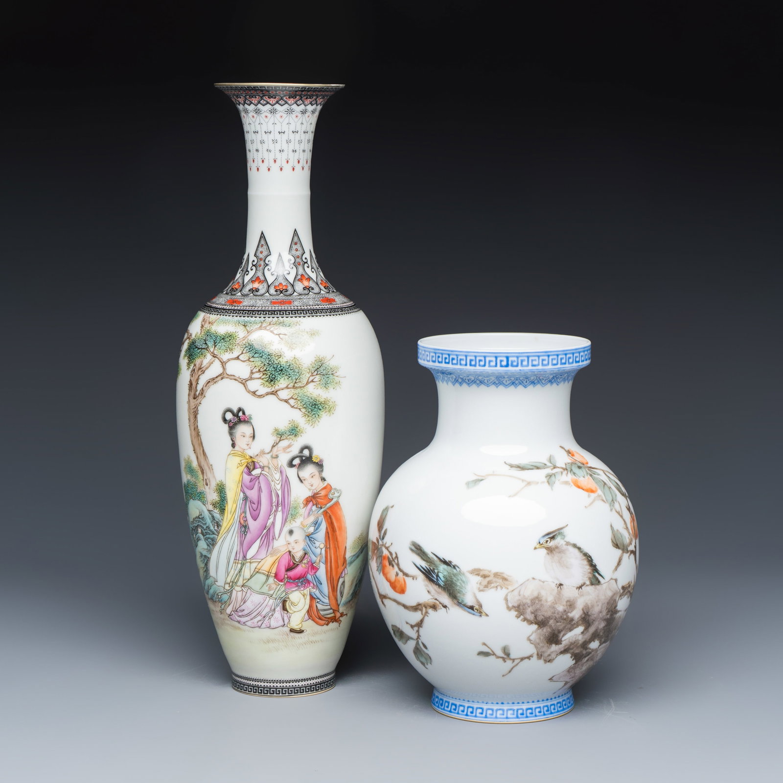 A Chinese famille rose semi-eggshell vase and a qianjiang cai vase, Jing De Zhen mark, signed Zhao: A Chinese famille rose semi-eggshell vase and a qianjiang cai vase, Jing De Zhen mark, signed Zhao Huimin and Liu Yucen, dated 1978 and 1960 H.: 36,2 cm | the tallest H.: 21,6 cm | the smallest