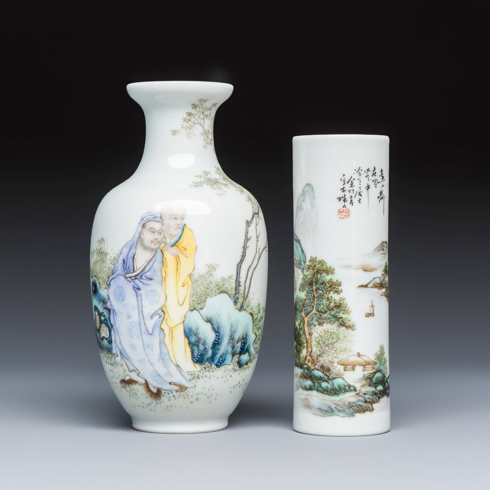 A Chinese famille rose vase and a qianjiang cai incense stick holder, Signed Yu Zhuqing, Qianlong: A Chinese famille rose vase and a qianjiang cai incense stick holder, Signed Yu Zhuqing, Qianlong and Zhuqing marks, 20th C. H.: 16,8 cm | the vase Dia.: 4,5 cm - H.: 14,1 cm | the incense stick holde