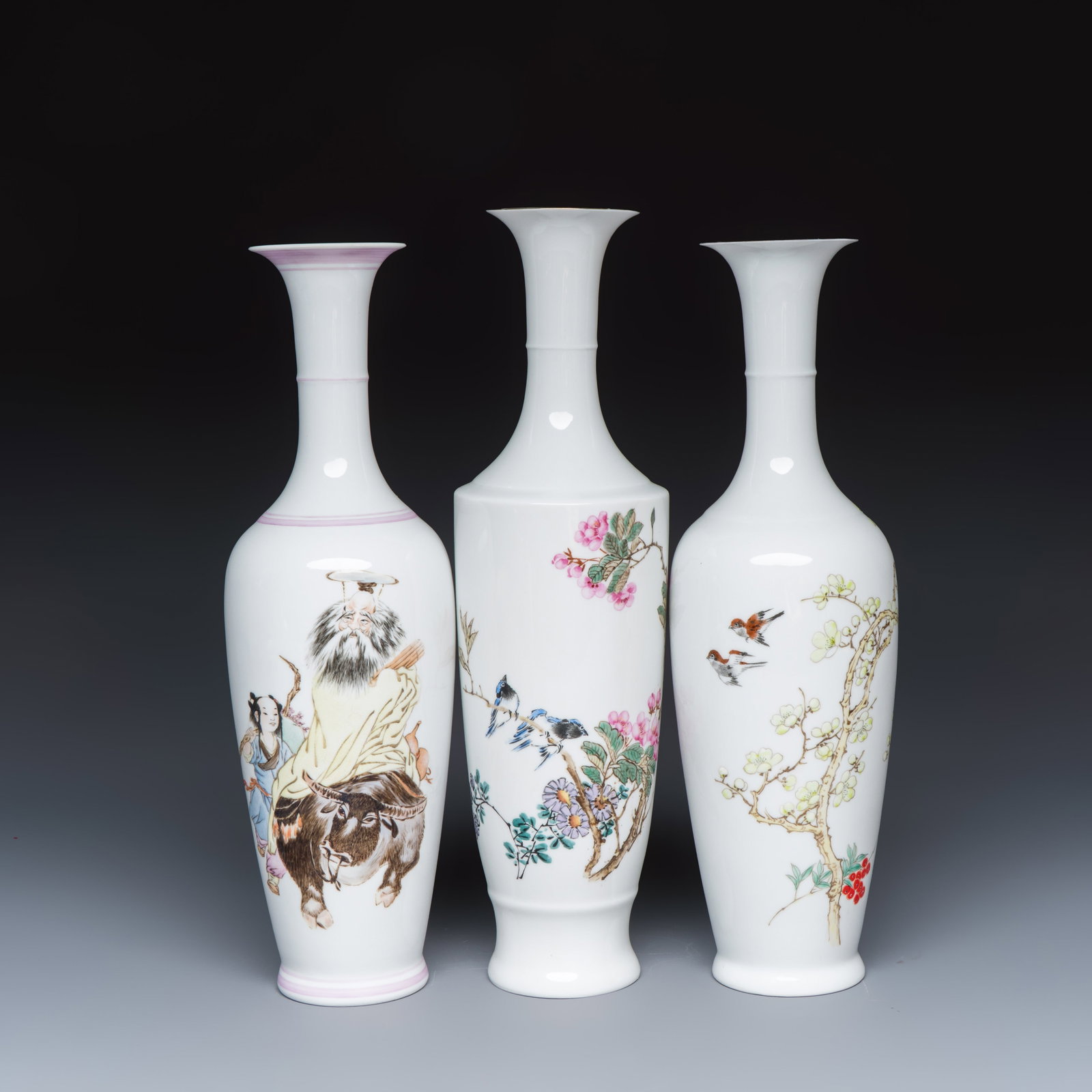 Three Chinese polychrome semi-eggshell vases, Jing De Zhen Zhi marks, one signed Li Qi, dated 1996,: Three Chinese polychrome semi-eggshell vases, Jing De Zhen Zhi marks, one signed Li Qi, dated 1996, 1991 and 1992 H.: 34,4 cm | the tallest H.: 32,8 cm | the smallest