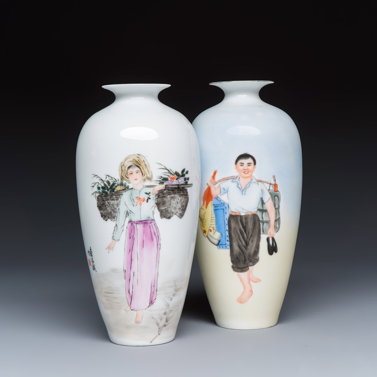 Two Chinese polychrome semi-eggshell vases with figural design, signed Kang Zhicheng and Chen: Two Chinese polychrome semi-eggshell vases with figural design, signed Kang Zhicheng and Chen Yifang, Jing De Zhen marks, one dated 1972, 20th C. H.: 23 cm