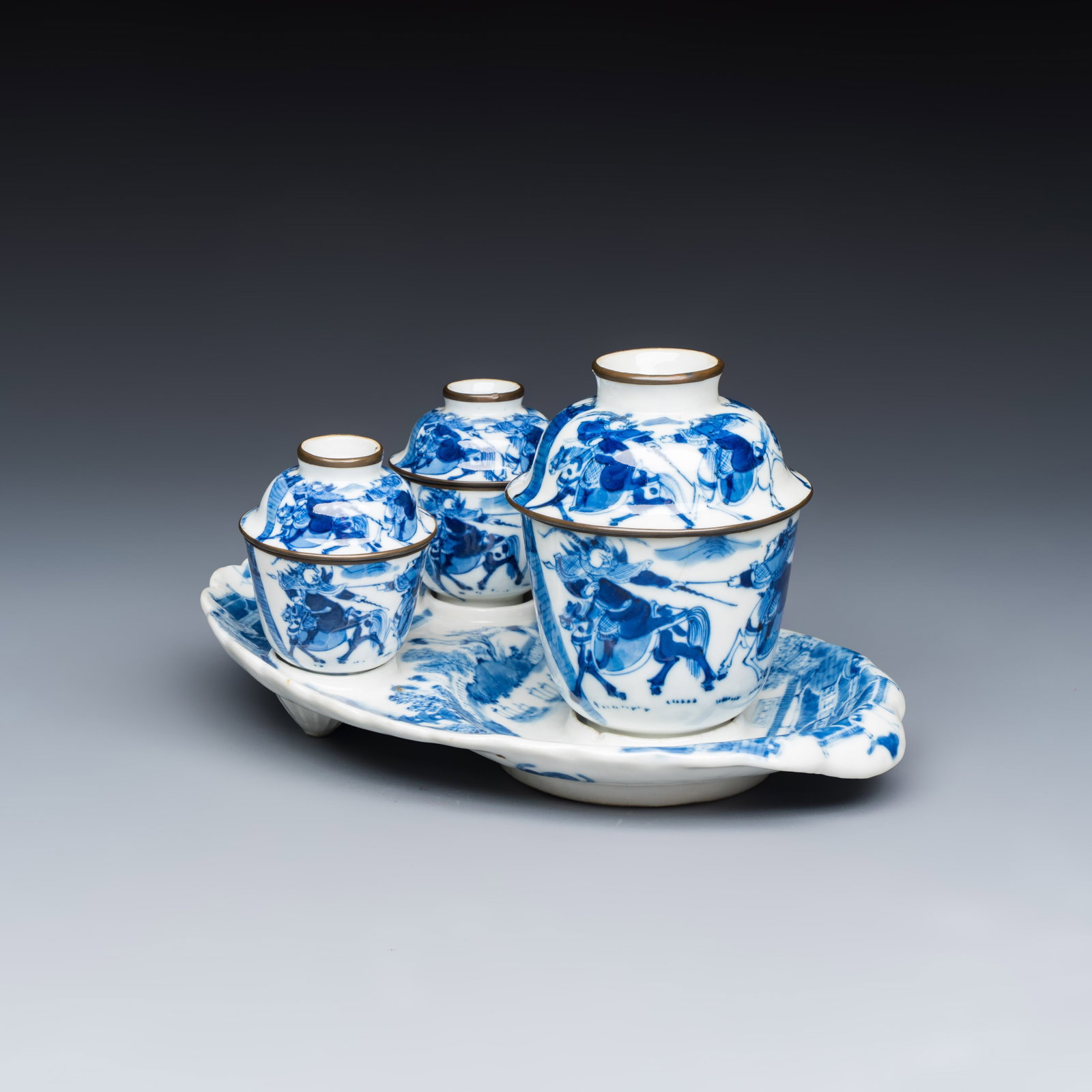 A Chinese blue and white 'Bleu de Hue' four-piece tea set, De He Ru Ji and Bao Zhu Li Ji marks, 19th (1 of 15)