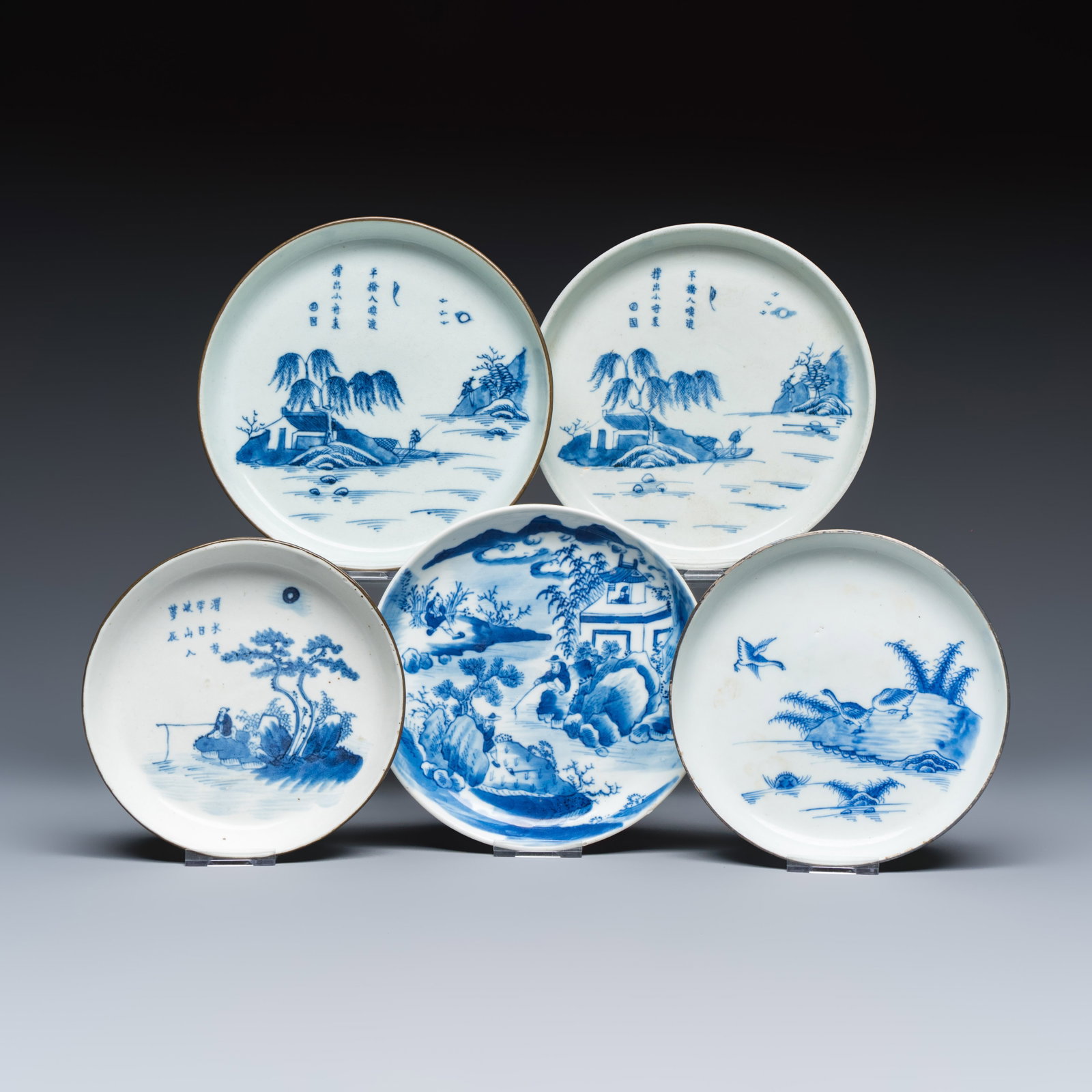Five Chinese blue and white 'Bleu de Hue' 'Riverscape' plates, Nhuoc Tham tran tang, Minh ky and (1 of 11)